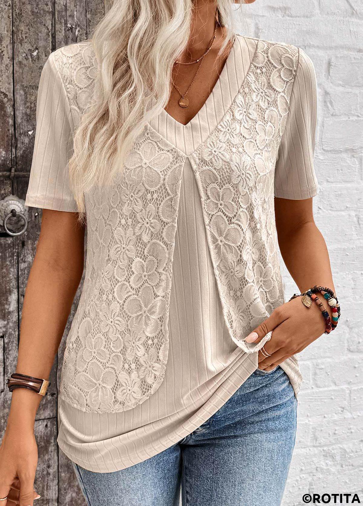 Light Camel tops,Plain Color tops,ROTITA Layered Light Camel V Neck Fake Two Piece Twinset