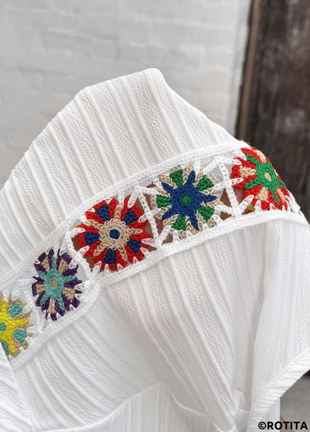 ROTITA Patchwork White Split Neck Short Sleeve Blouse