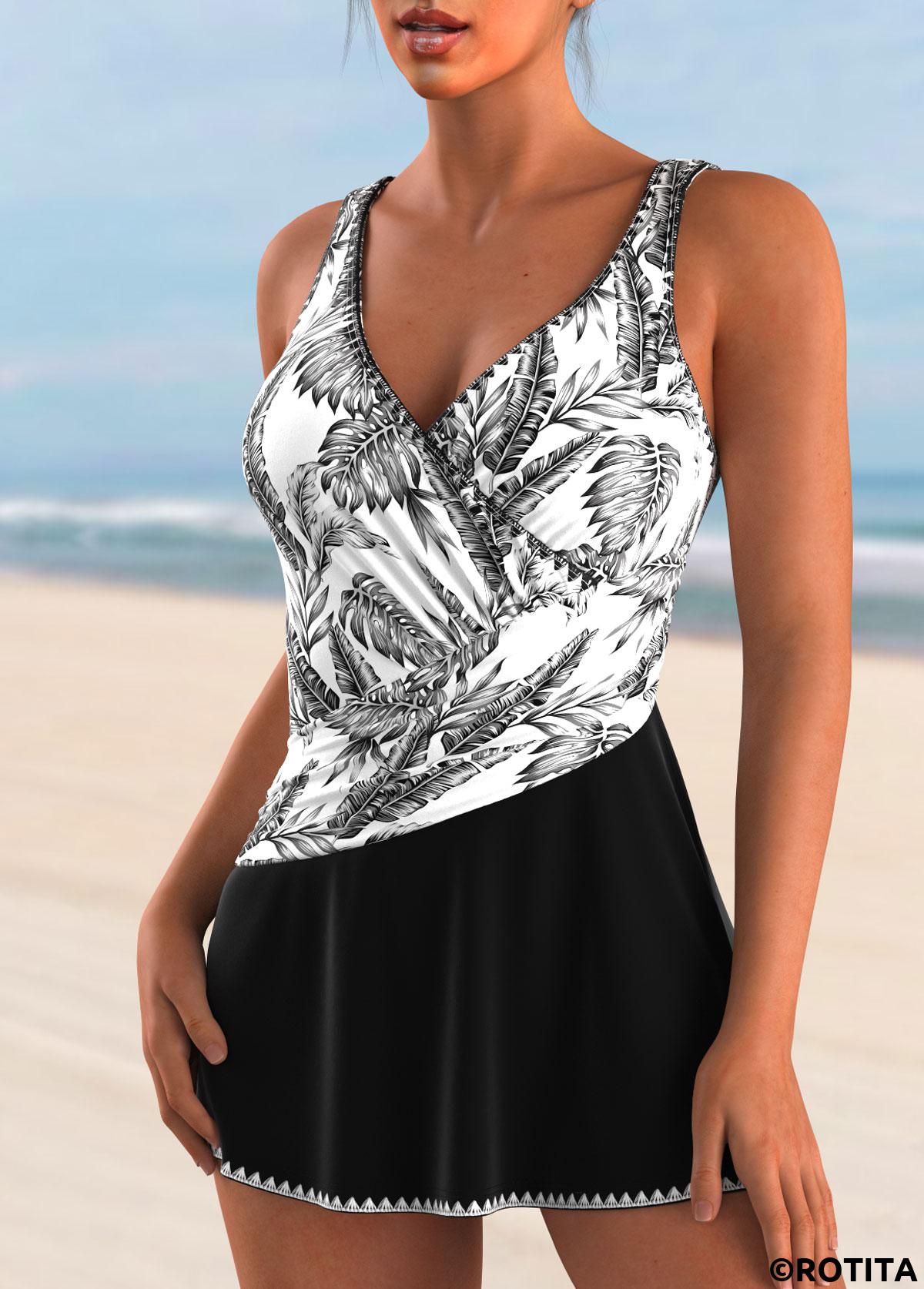 White swimwear,Black swimwear,Plants swimwear,ROTITA White Leaf Print One Piece Swimdress