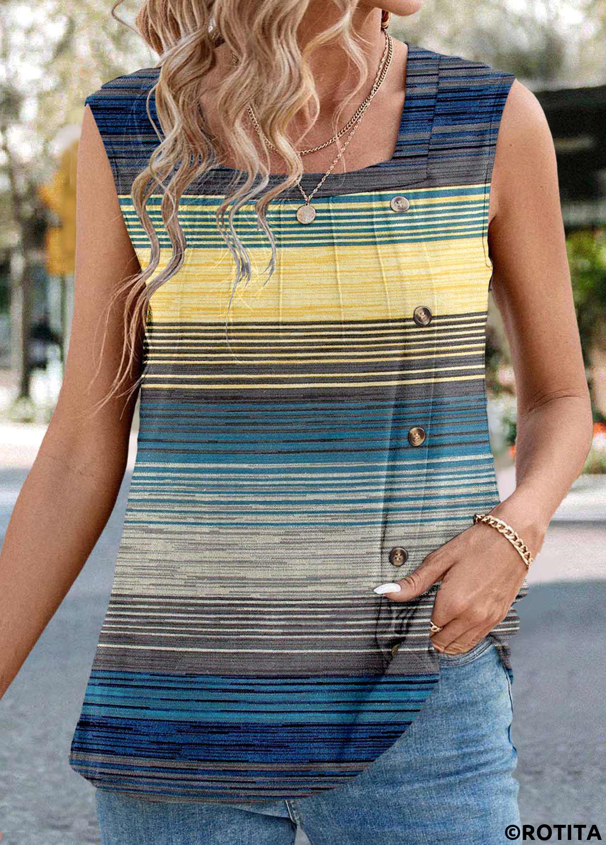 Blue tops,Striped tops,Geometric tops,Button Striped Blue Square Neck Sleeveless Tank Top