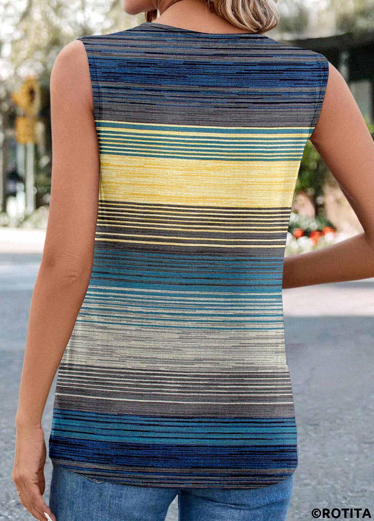 Blue tops,Striped tops,Geometric tops,Button Striped Blue Square Neck Sleeveless Tank Top