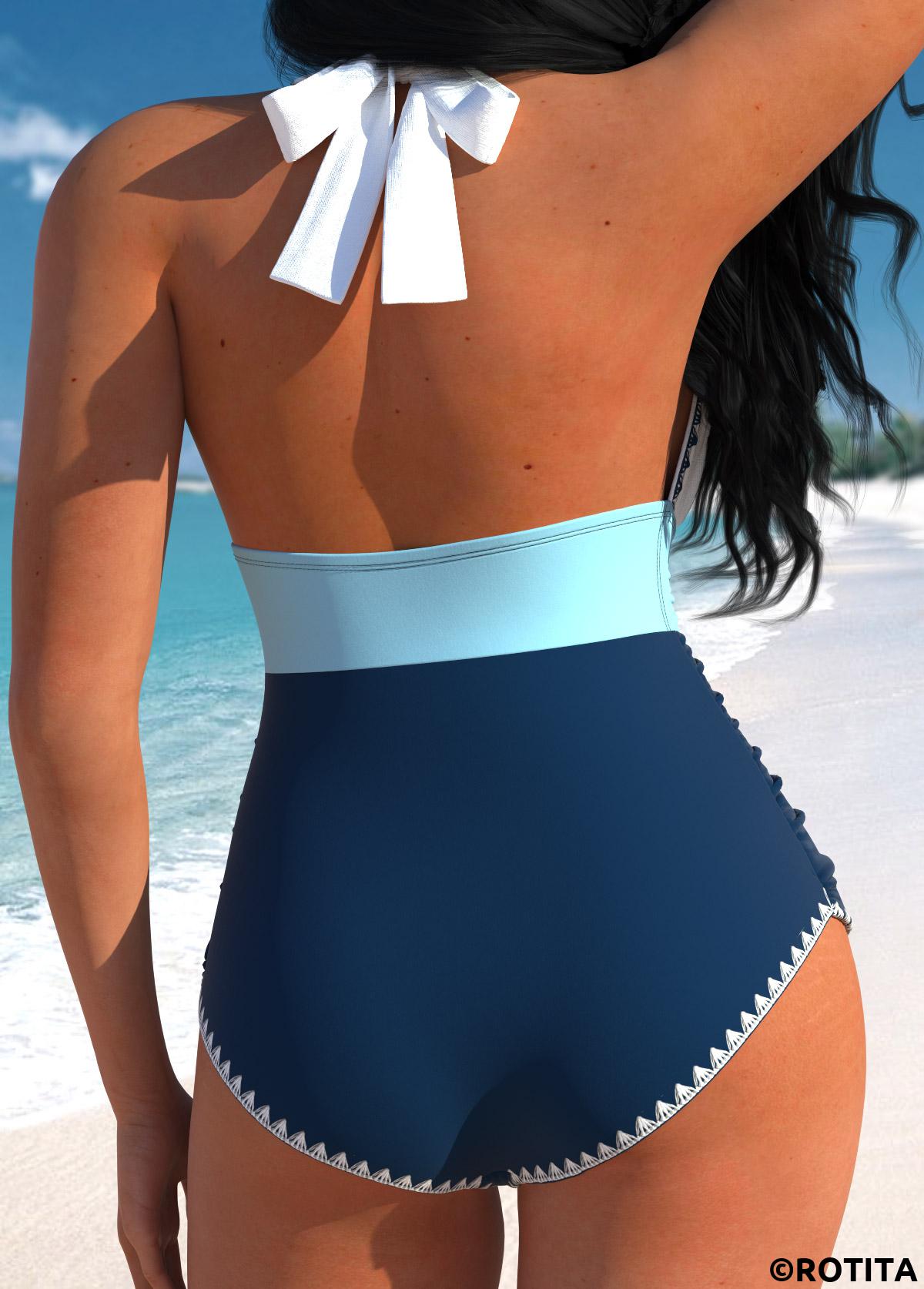 Navy swimwear,White swimwear,Contrast Color swimwear,ROTITA Patchwork Navy Tie One Piece Swimwear