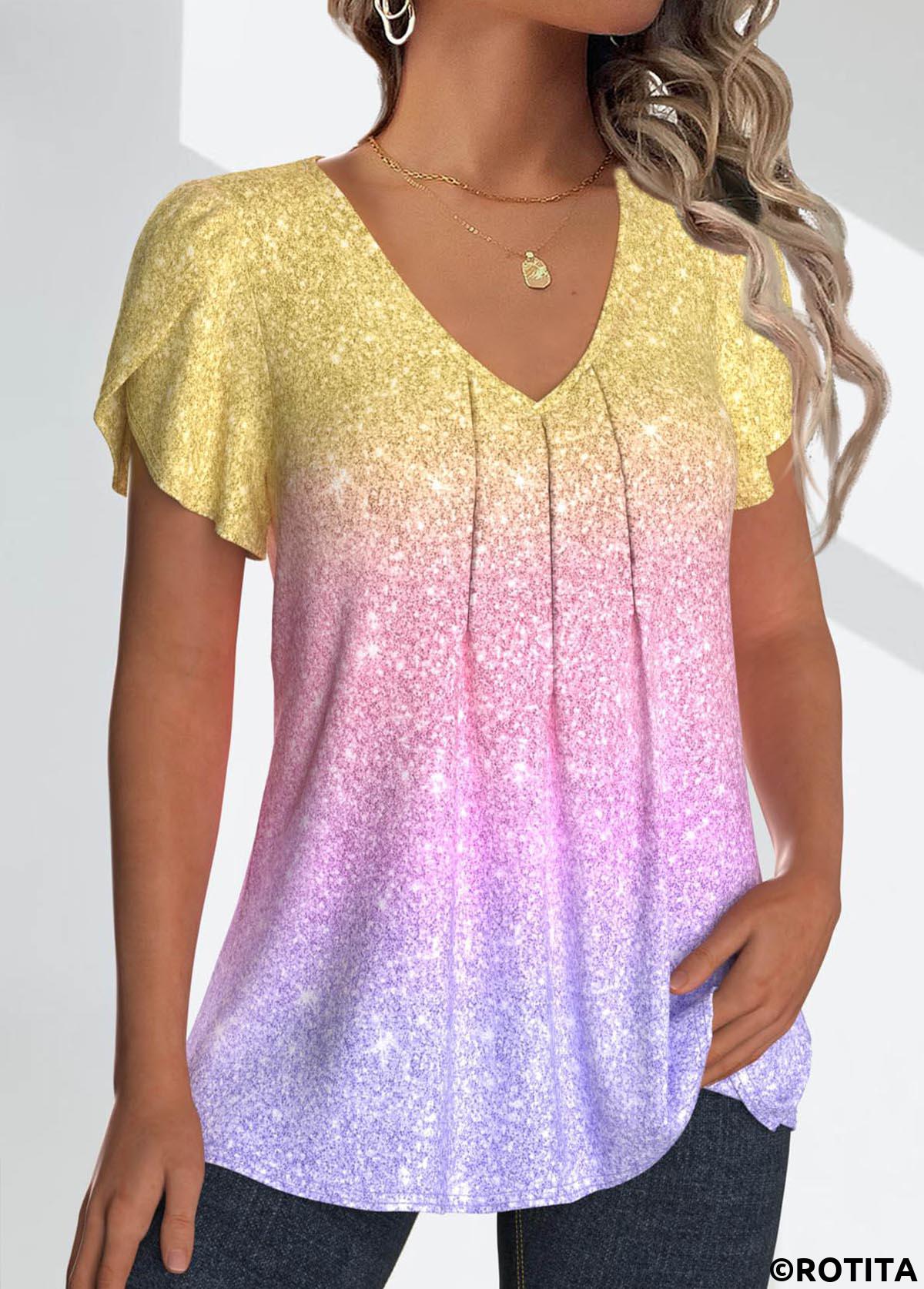 ROTITA Tuck Stitch Ombre Multi Color V Neck T Shirt