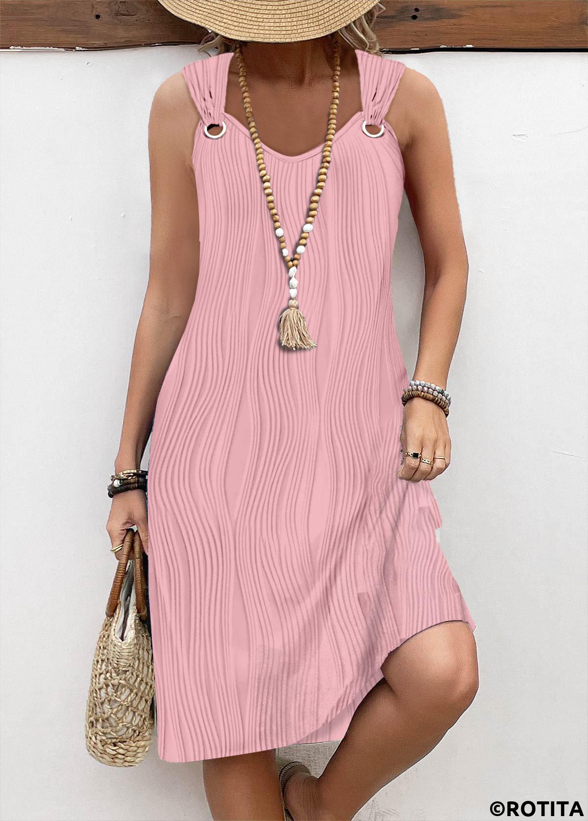 Pink dresses,Plain Color dresses,Everyday dresses,Casual dresses,ROTITA Circular Ring Pink A Line V Neck Sleeveless Dress