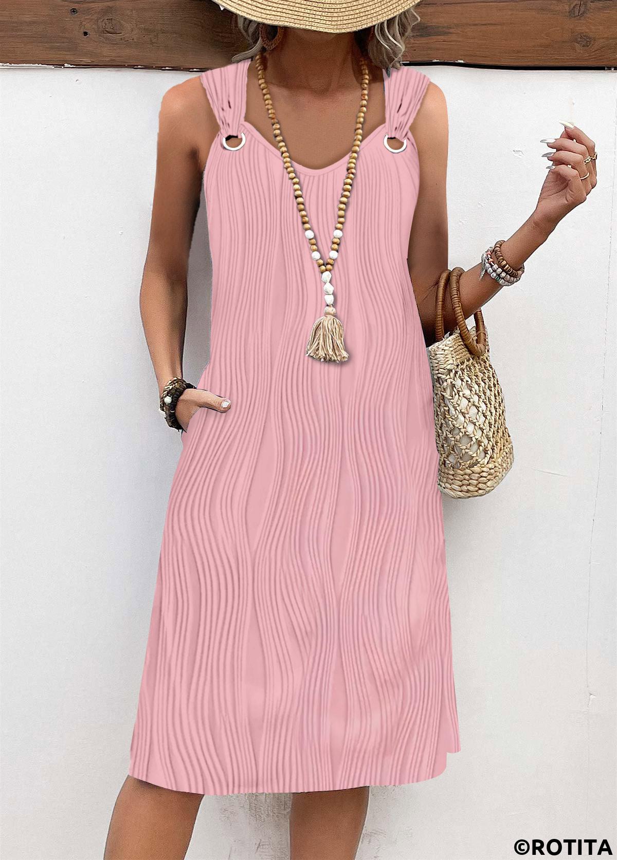 Pink dresses,Plain Color dresses,Everyday dresses,Casual dresses,ROTITA Circular Ring Pink A Line V Neck Sleeveless Dress