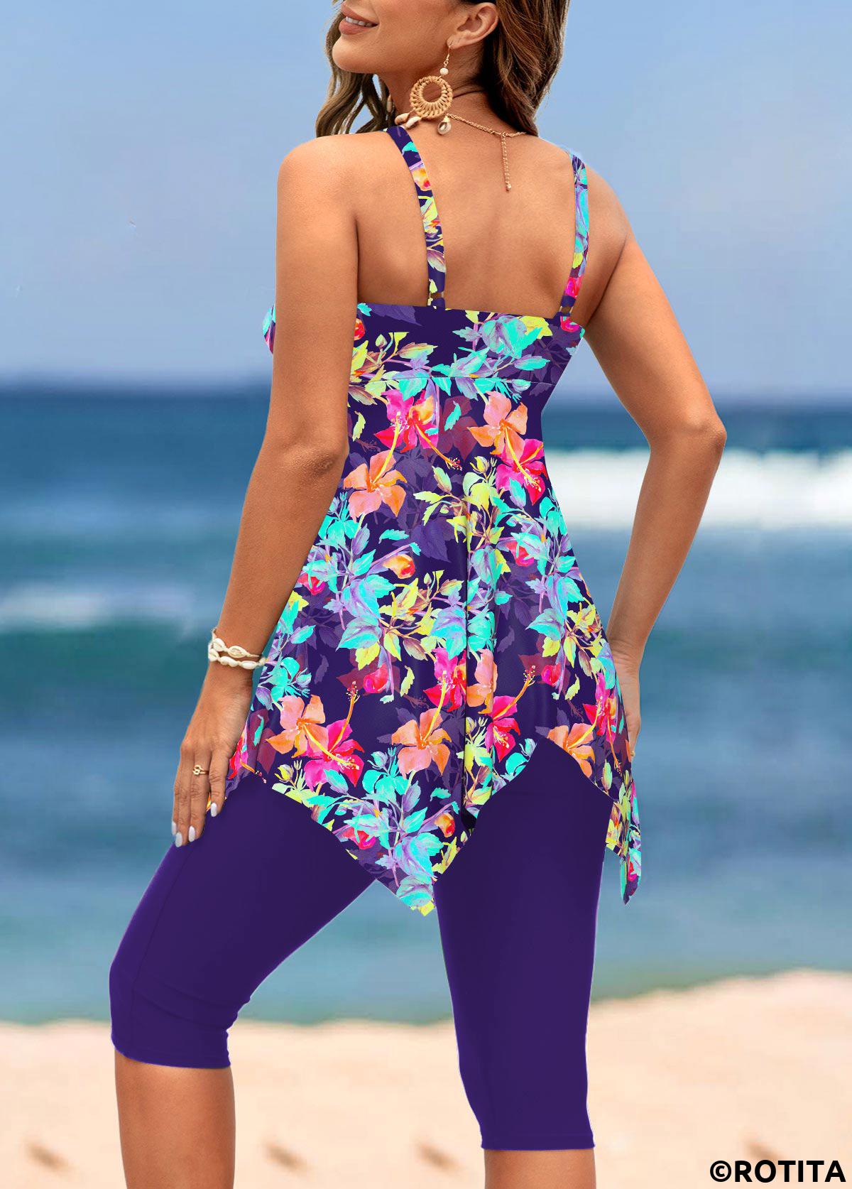 Purple swimwear,Cyan swimwear,Floral swimwear,Plants swimwear,ROTITA Handkerchief Hem Purple Floral Print Tankini Set
