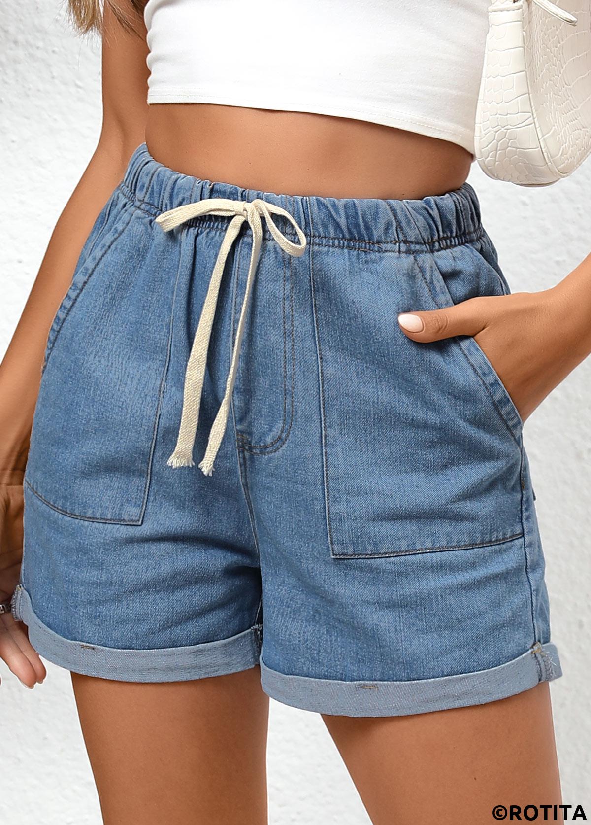 Denim Blue bottoms,Plain Color bottoms,Double Side Pockets Denim Blue Regular Elastic Waist Shorts