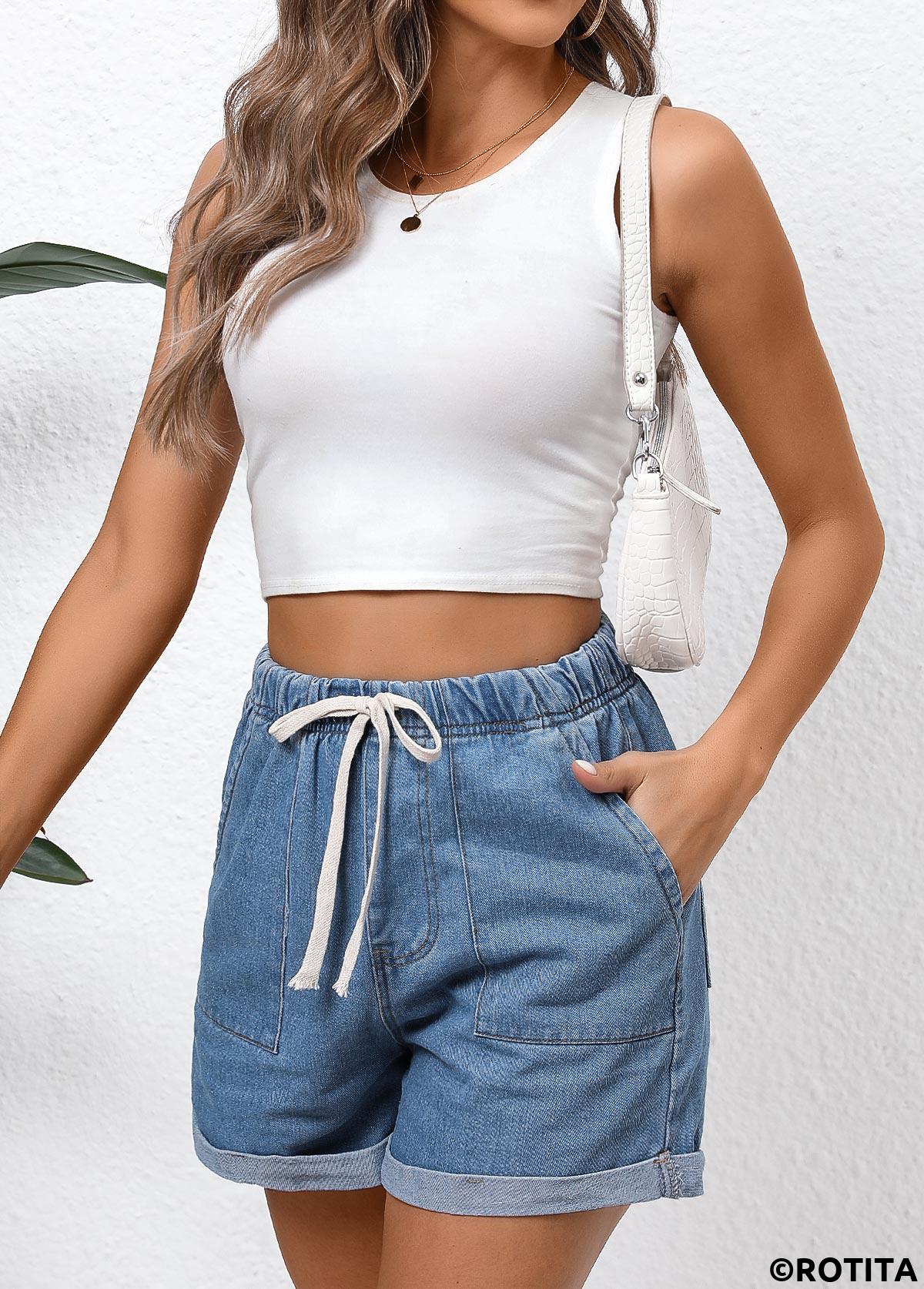 Denim Blue bottoms,Plain Color bottoms,Double Side Pockets Denim Blue Regular Elastic Waist Shorts