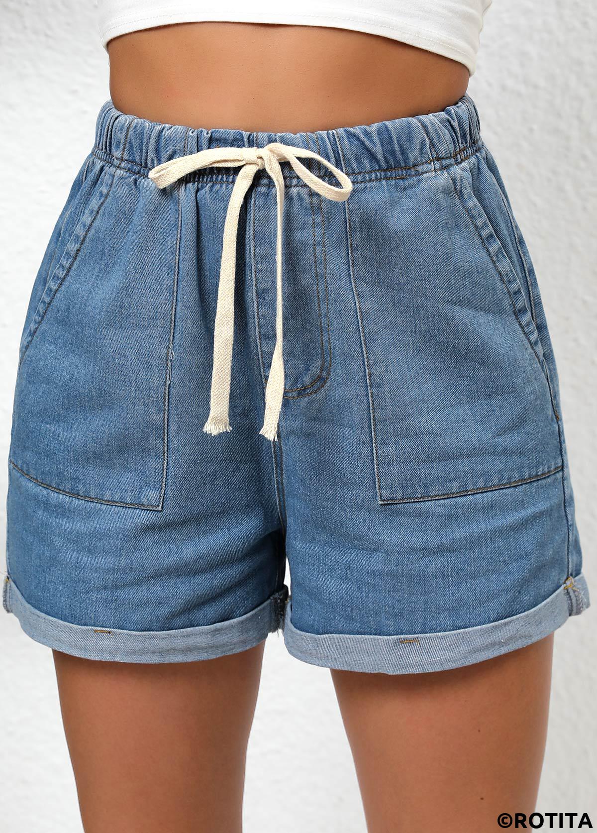 Denim Blue bottoms,Plain Color bottoms,Double Side Pockets Denim Blue Regular Elastic Waist Shorts