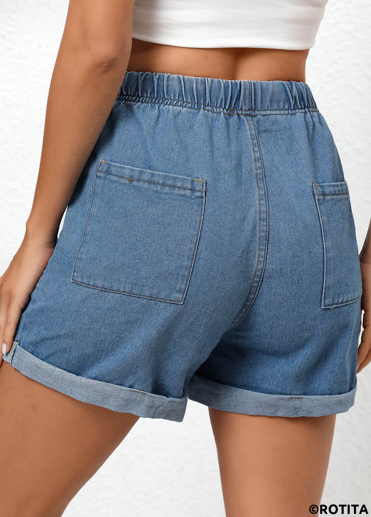 Denim Blue bottoms,Plain Color bottoms,Double Side Pockets Denim Blue Regular Elastic Waist Shorts