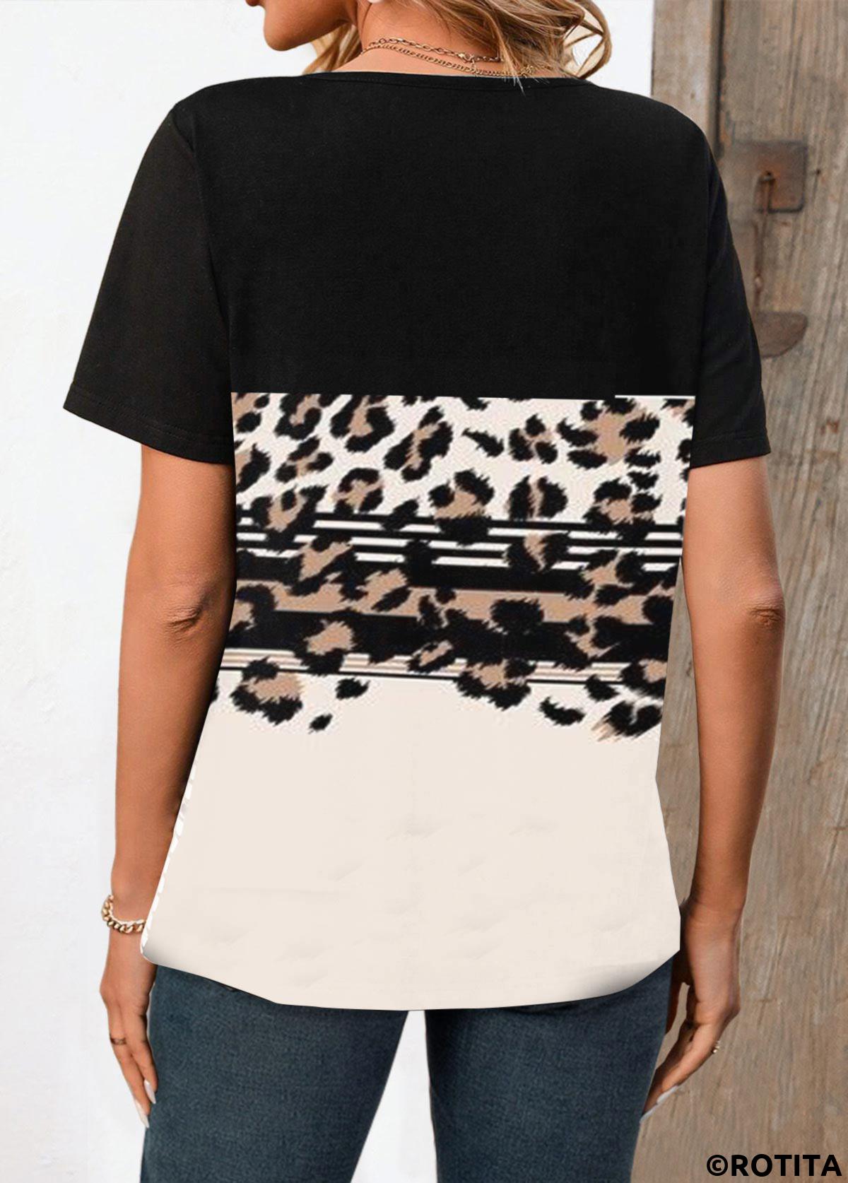 Black tops,Beige tops,Leopard tops,Striped tops,Geometric tops,Animal Print tops,ROTITA Button Leopard Black Split Neck Short Sleeve T Shirt