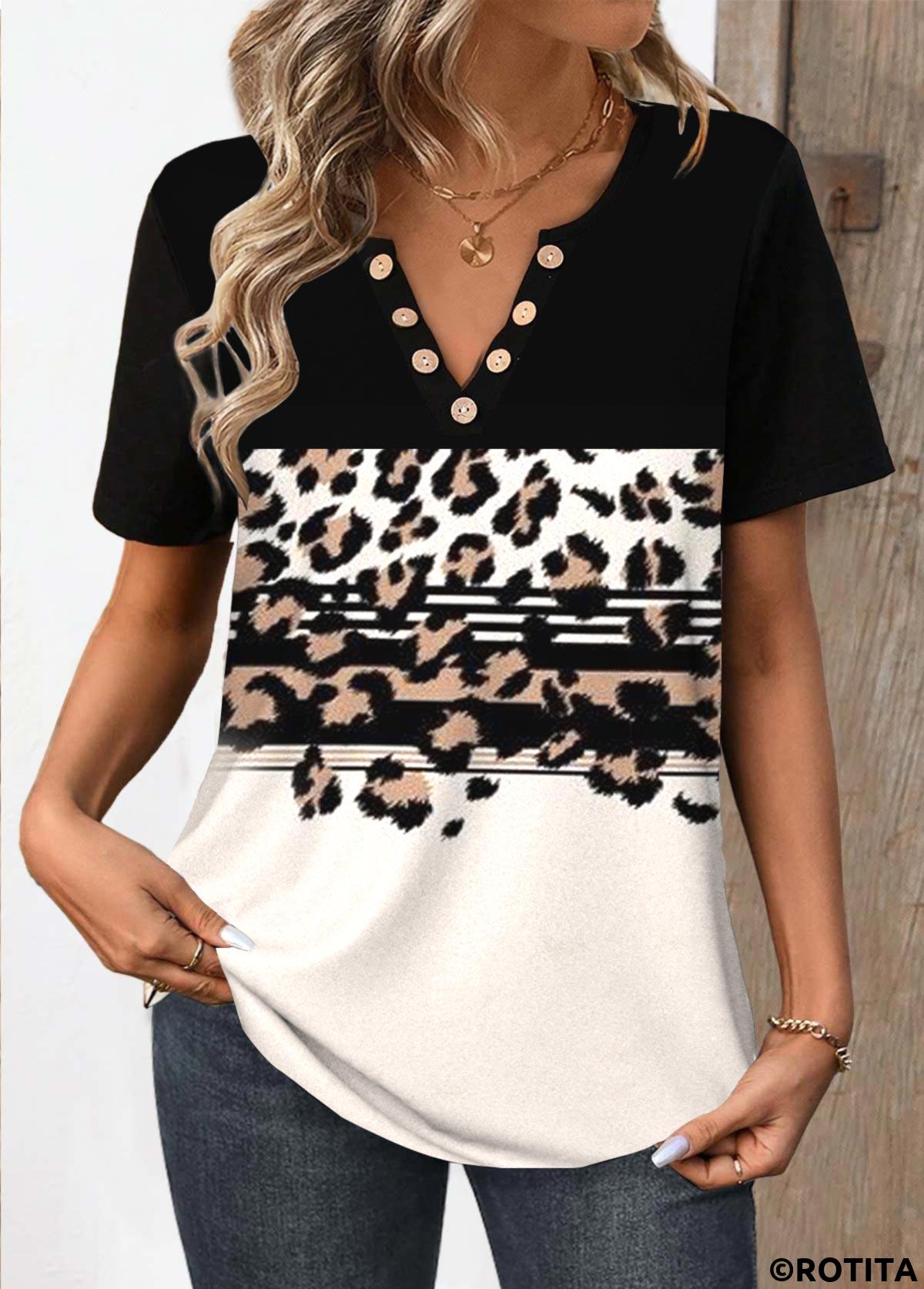 Black tops,Beige tops,Leopard tops,Striped tops,Geometric tops,Animal Print tops,ROTITA Button Leopard Black Split Neck Short Sleeve T Shirt