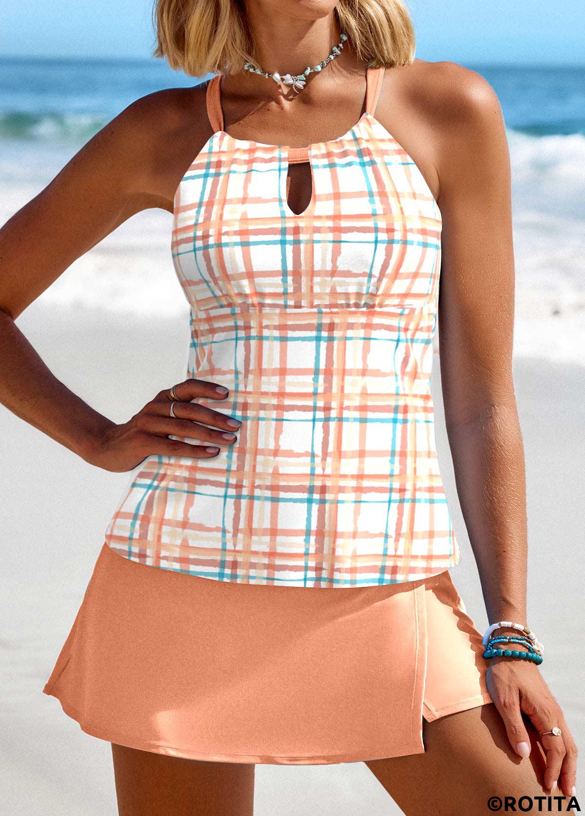 Orange swimwear,White swimwear,Geometric swimwear,Striped swimwear,Plaid swimwear,ROTITA Cut Out Orange Geometric Print Tankini Set