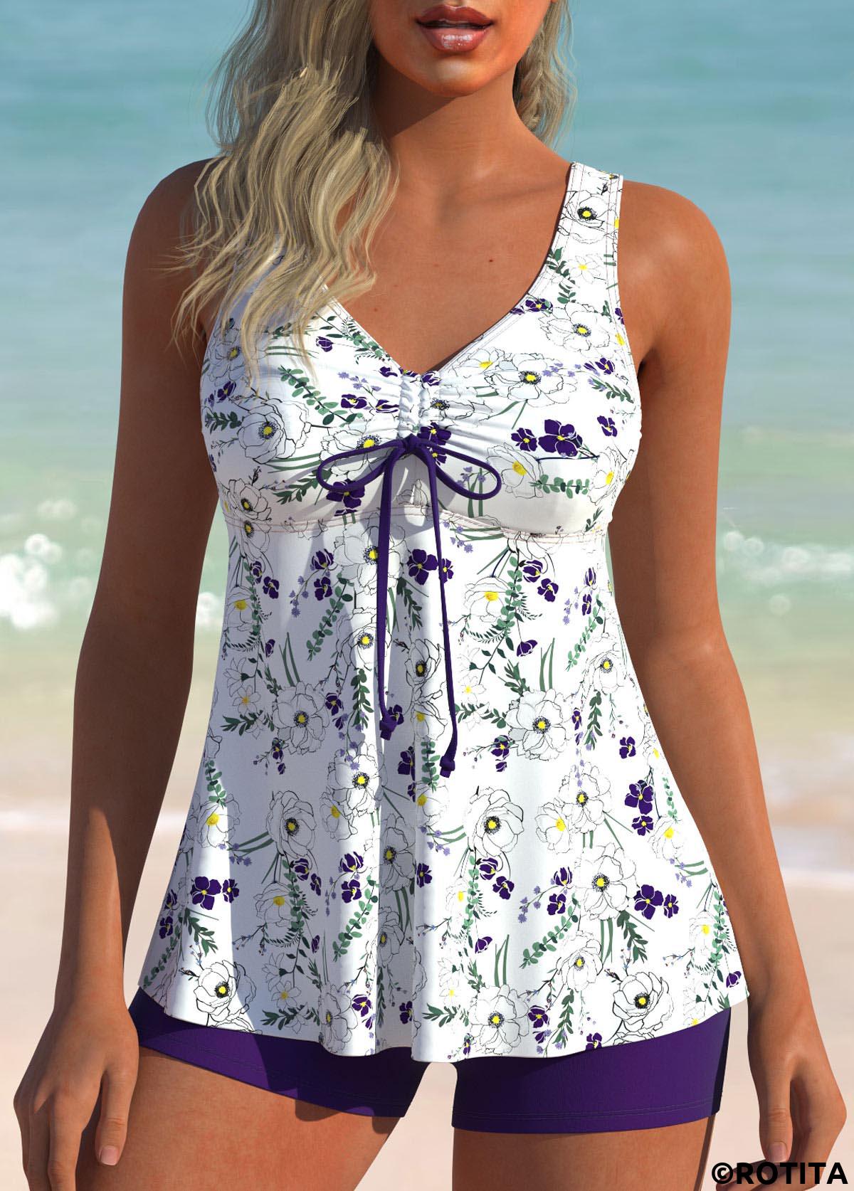 Purple swimwear,Floral swimwear,Plants swimwear,ROTITA Ruched Purple Floral Print Tankini Set