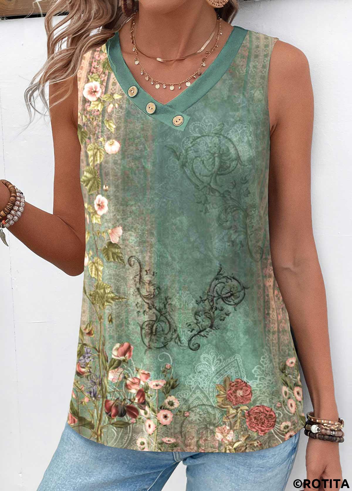 rotita patchwork tribal imprimé vert col en v t-shirt sans manches