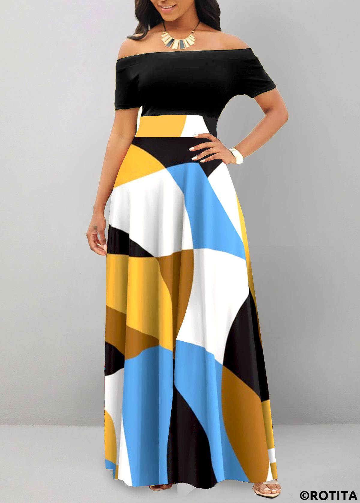 ROTITA Patchwork Geometric Print Black Off Shoulder Maxi Dress