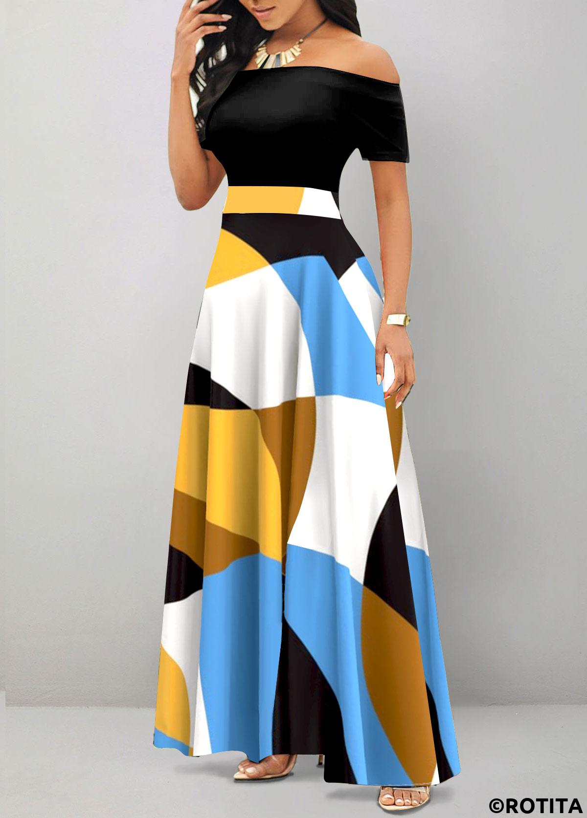 ROTITA Patchwork Geometric Print Black Off Shoulder Maxi Dress