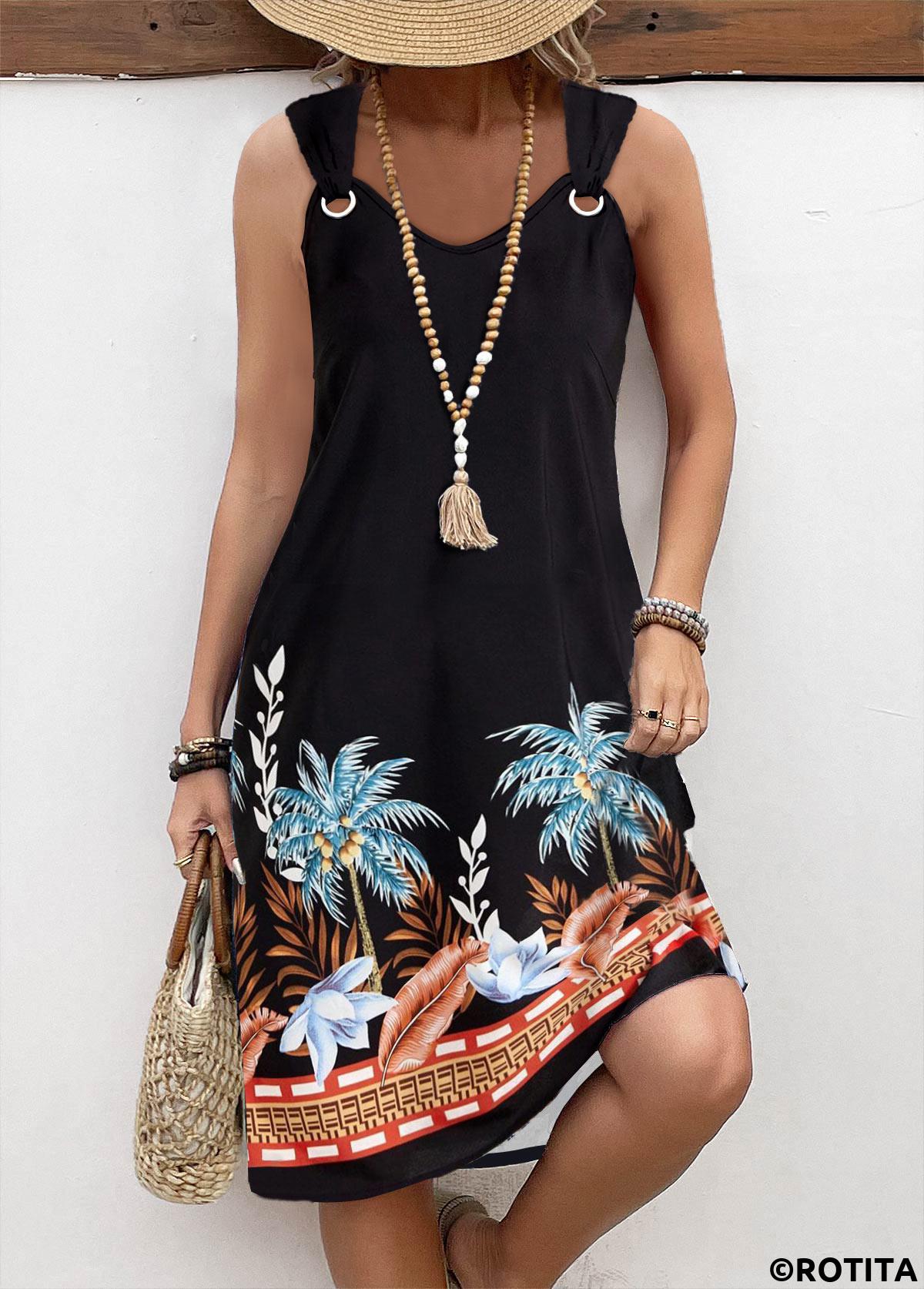 Black dresses,Plants dresses,Floral dresses,Geometric dresses,Everyday dresses,Casual dresses,ROTITA Circular Ring Leaf Print Black A Line Sleeveless Dress