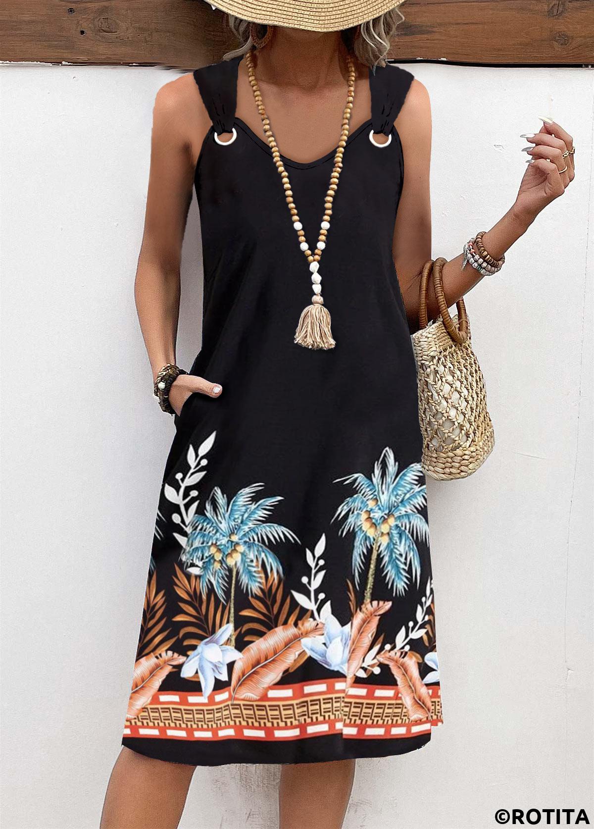 Black dresses,Plants dresses,Floral dresses,Geometric dresses,Everyday dresses,Casual dresses,ROTITA Circular Ring Leaf Print Black A Line Sleeveless Dress