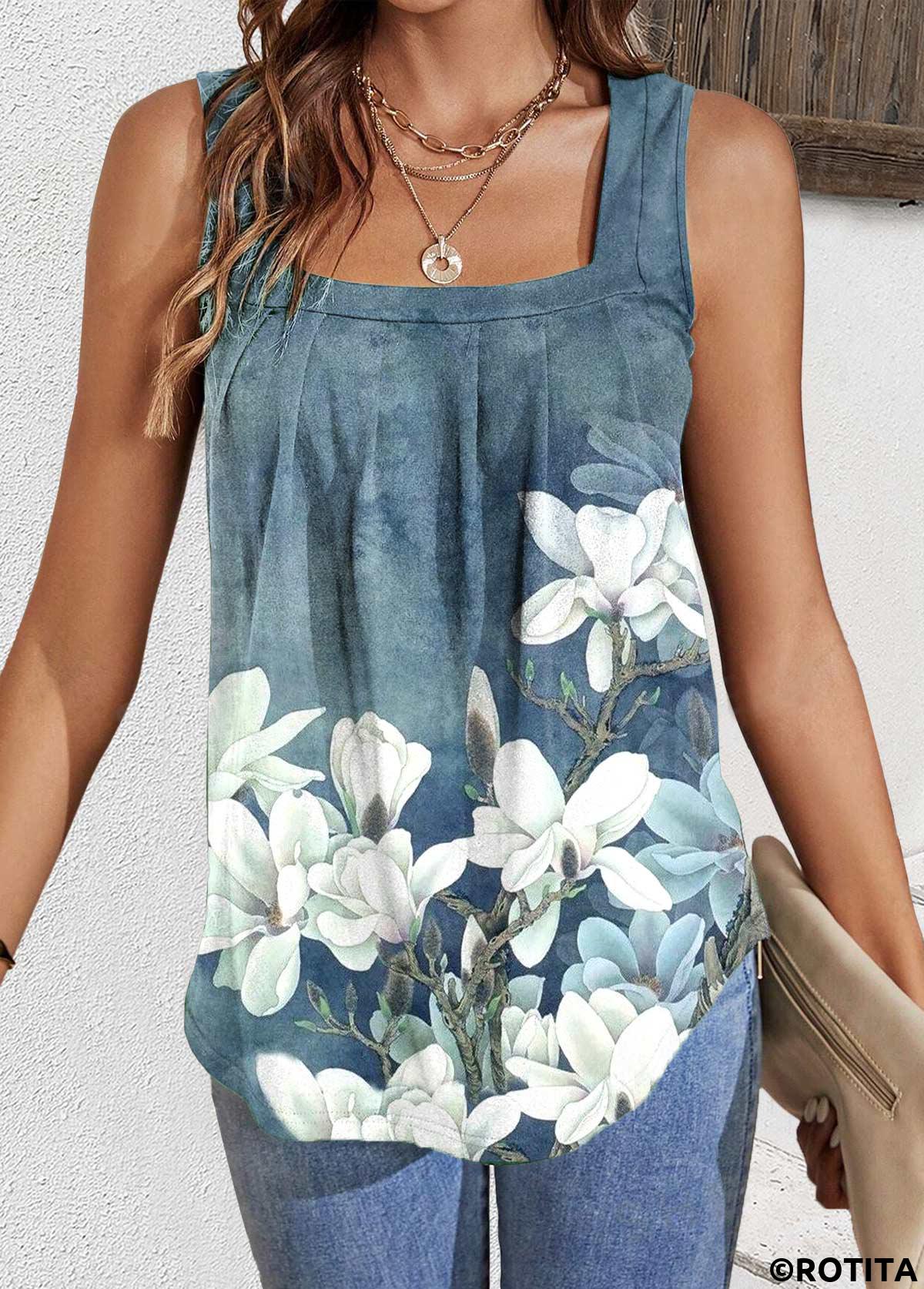 débardeur à col carré bleu poussiéreux à imprimé floral plissé rotita