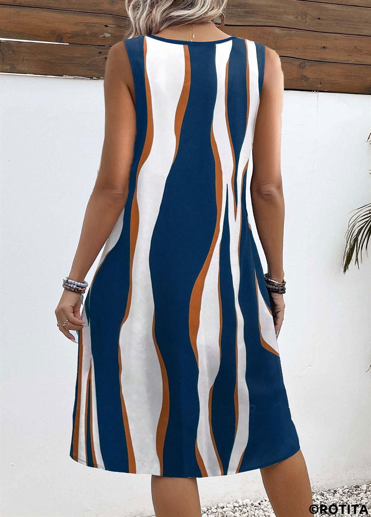 Peacock Blue dresses,Striped dresses,Geometric dresses,Everyday dresses,Casual dresses,ROTITA Pocket Wave Pattern Print Peacock Blue A Line Dress