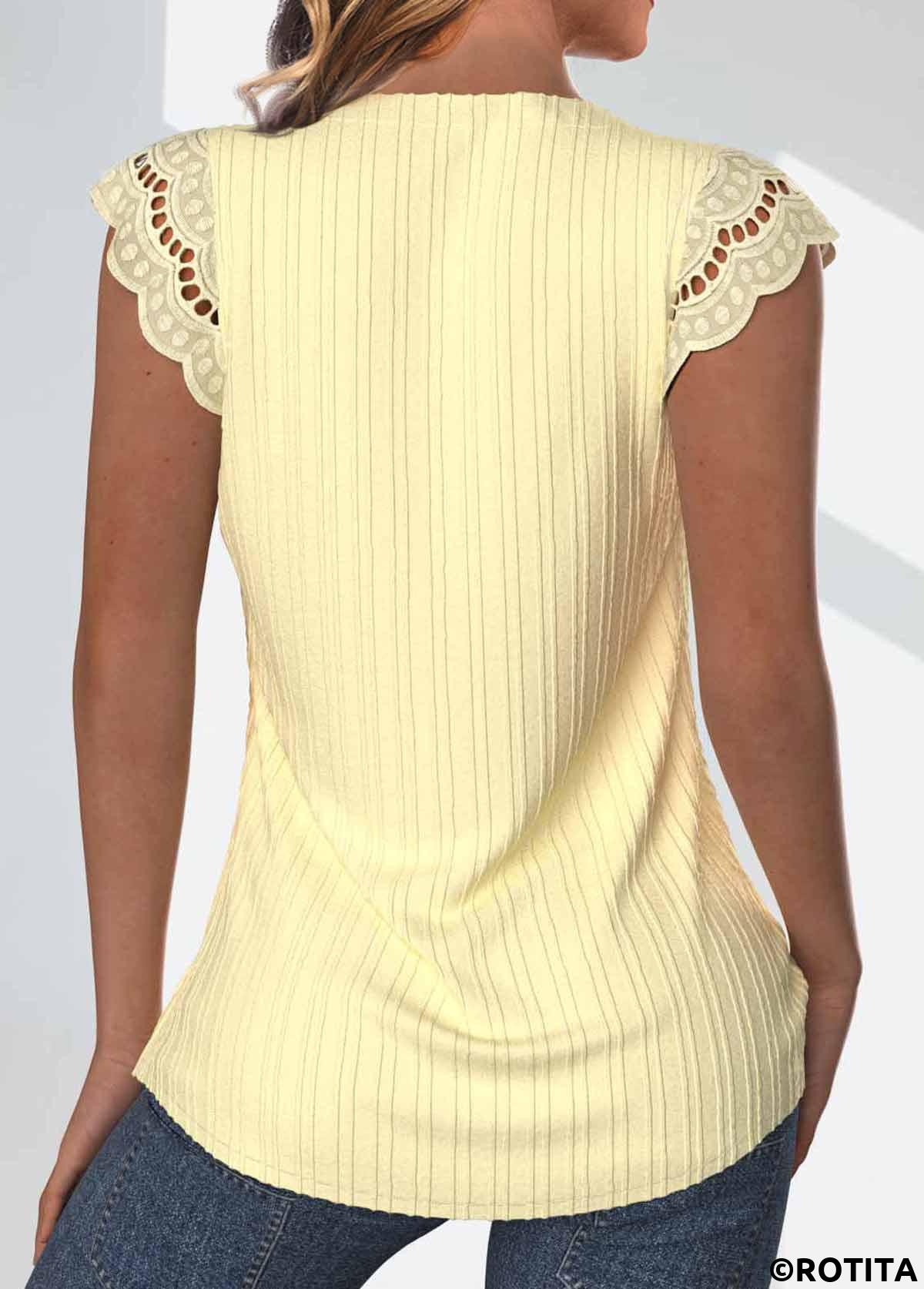 Rotita bouton jaune clair col fendu manches courtes blouse