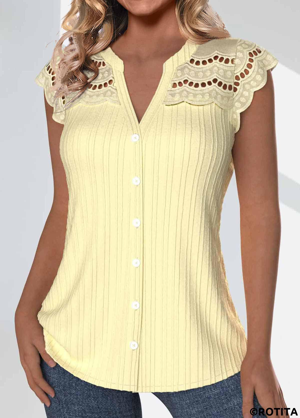 Rotita bouton jaune clair col fendu manches courtes blouse