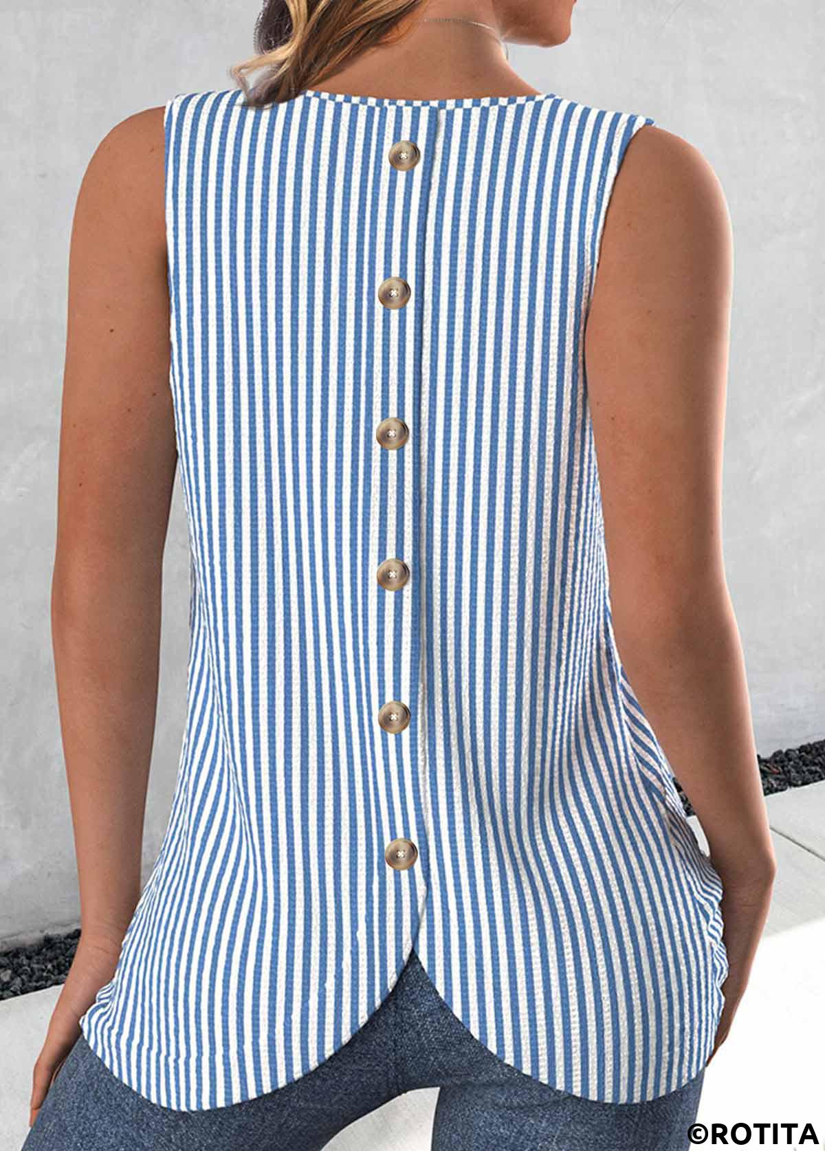 Blue tops,White tops,Striped tops,Geometric tops,ROTITA Button Striped Blue Round Neck Sleeveless Tank Top