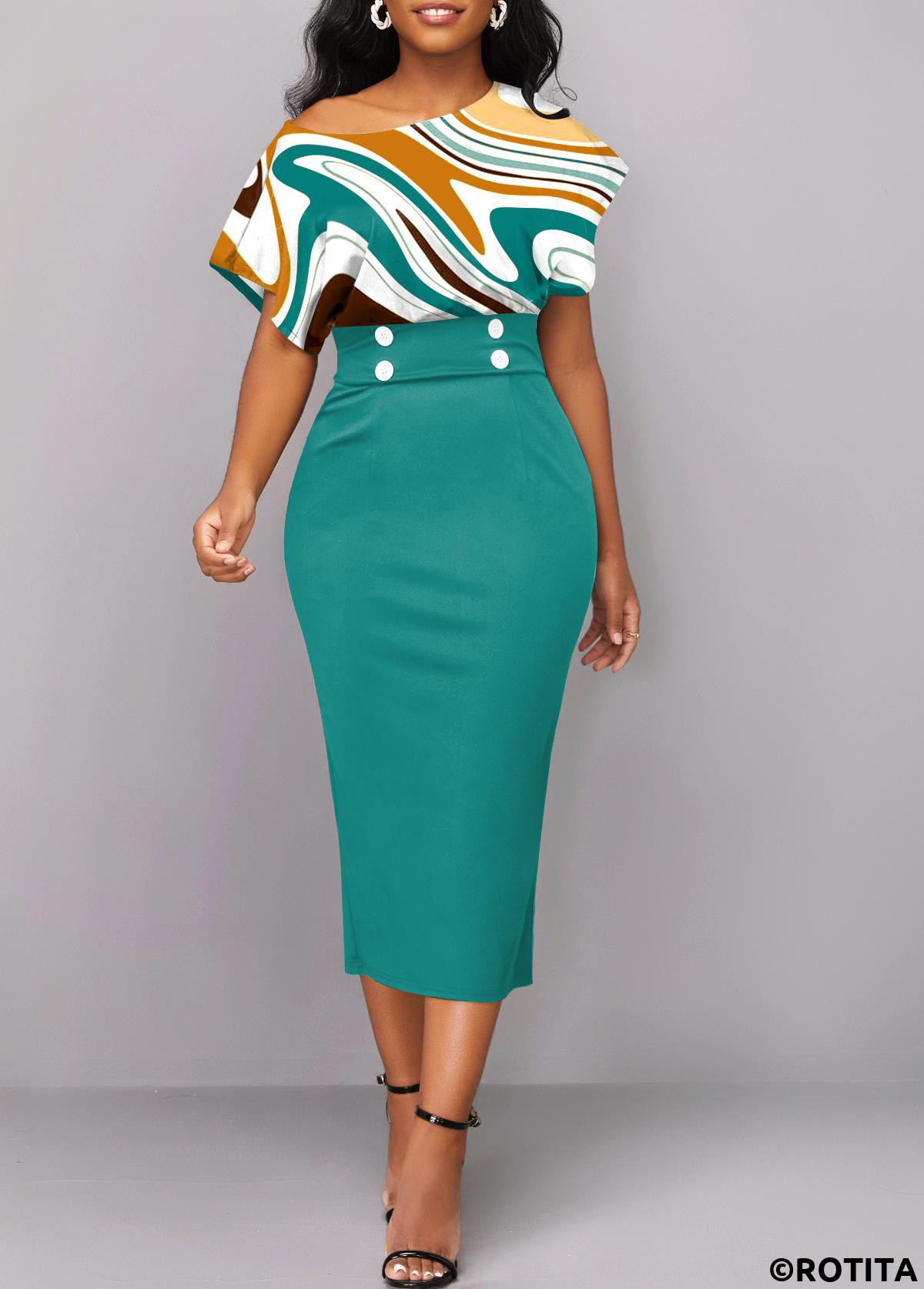 Turquoise dresses,Geometric dresses,Party dresses,Elegant dresses,Button Geometric Print Turquoise Asymmetrical Neck Bodycon Dress