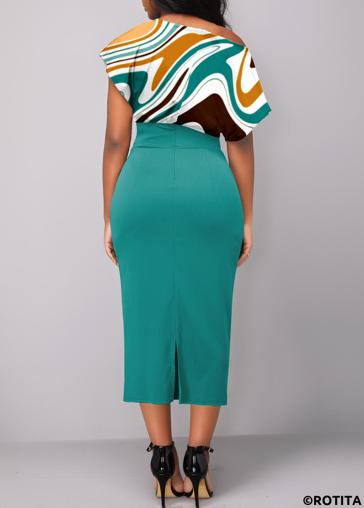 Turquoise dresses,Geometric dresses,Party dresses,Elegant dresses,Button Geometric Print Turquoise Asymmetrical Neck Bodycon Dress