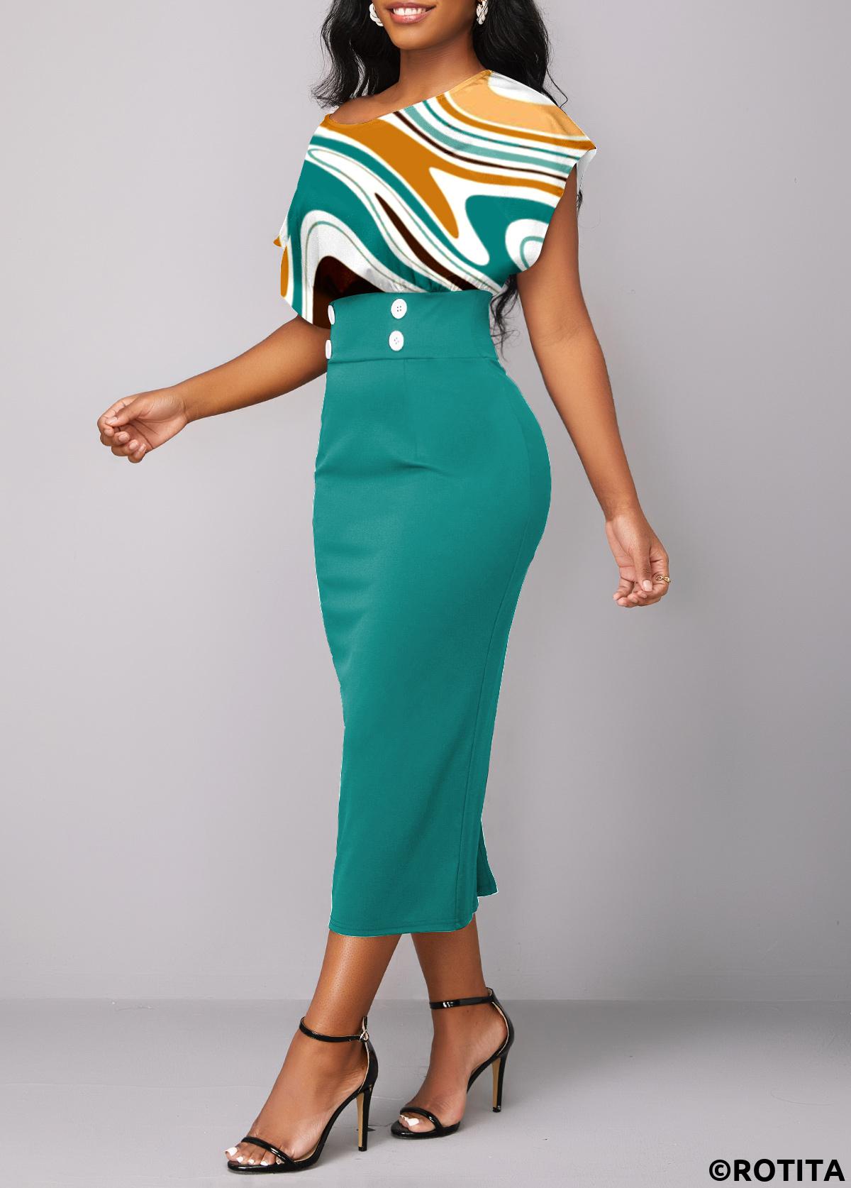Turquoise dresses,Geometric dresses,Party dresses,Elegant dresses,Button Geometric Print Turquoise Asymmetrical Neck Bodycon Dress
