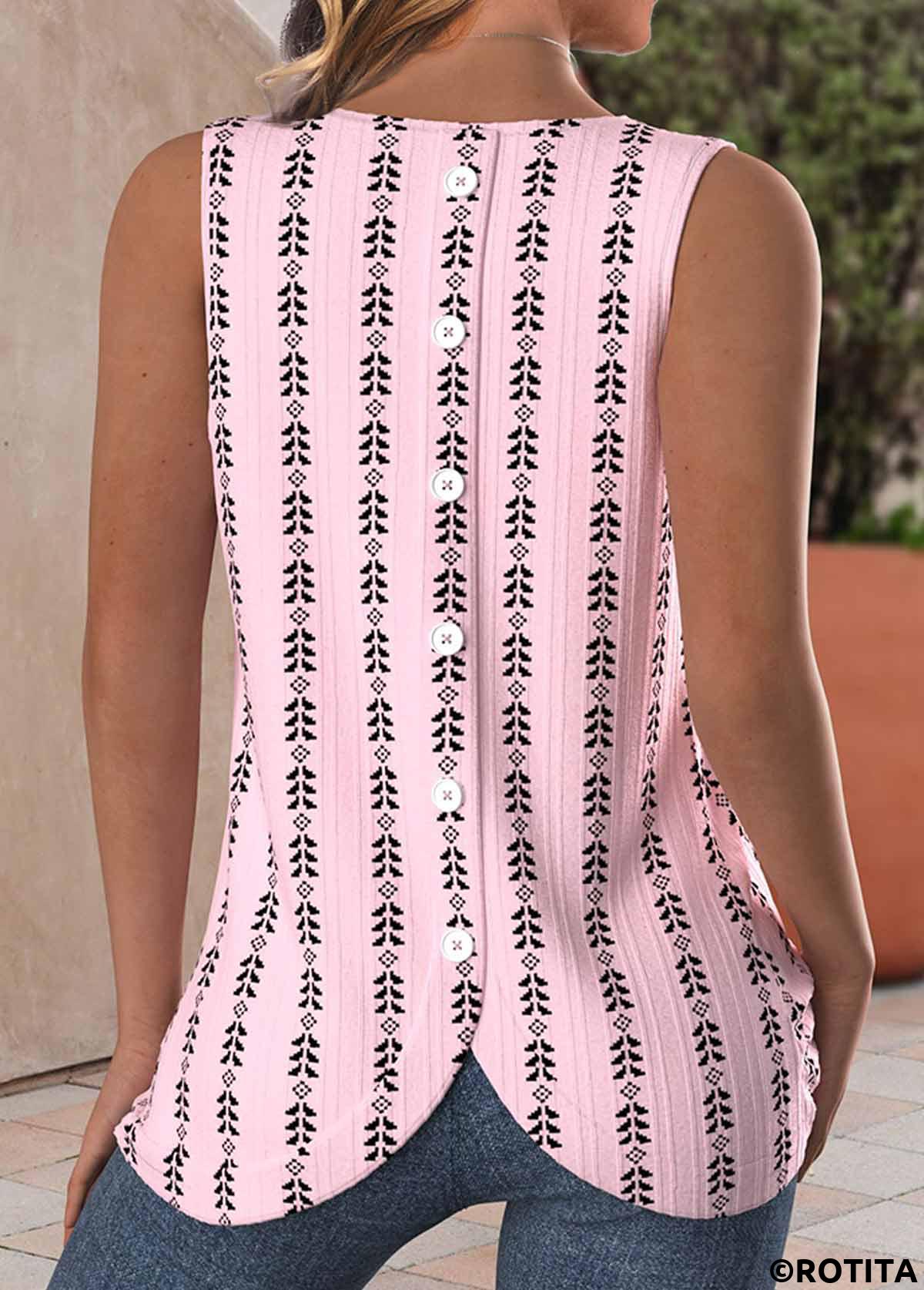 Pink tops,Black tops,Geometric tops,ROTITA Button Geometric Print Pink Round Neck Sleeveless Tank Top