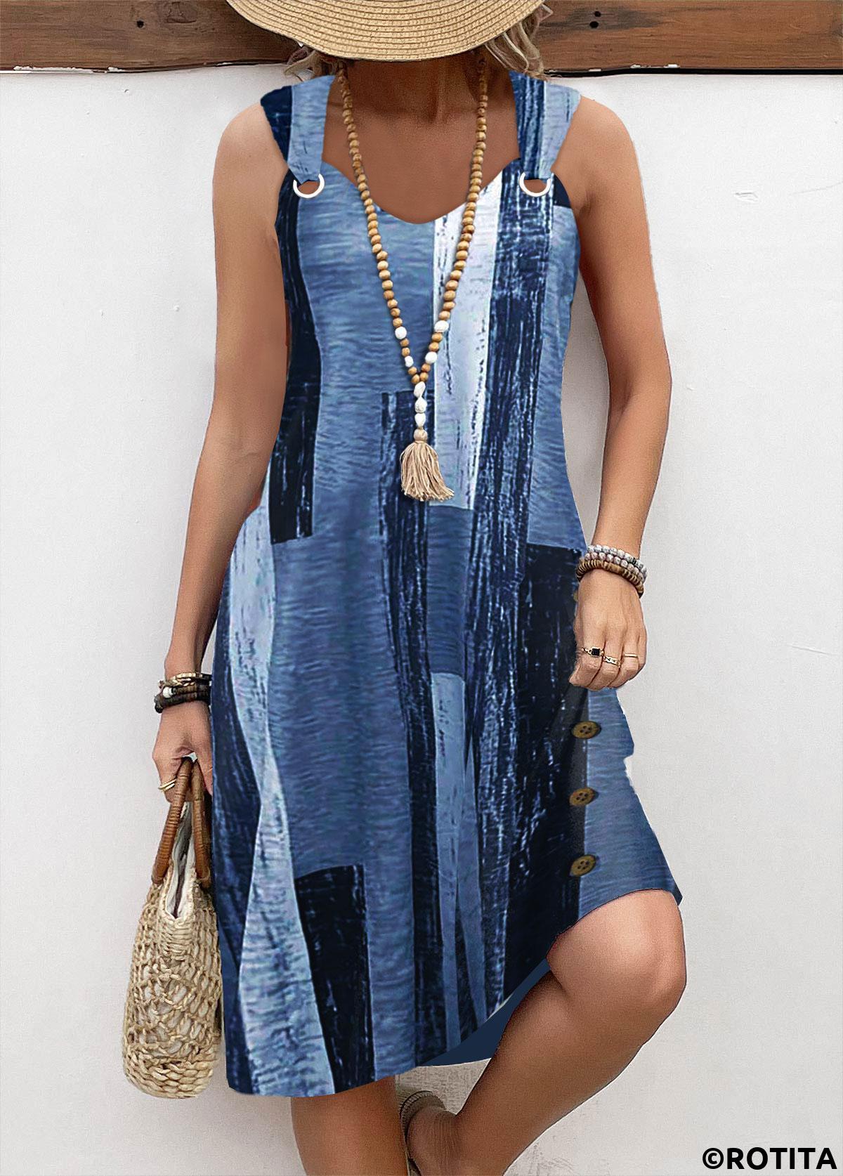 Denim Blue dresses,Graphic dresses,Geometric dresses,Everyday dresses,Casual dresses,ROTITA Circular Ring Graffiti Print Denim Blue A Line Dress
