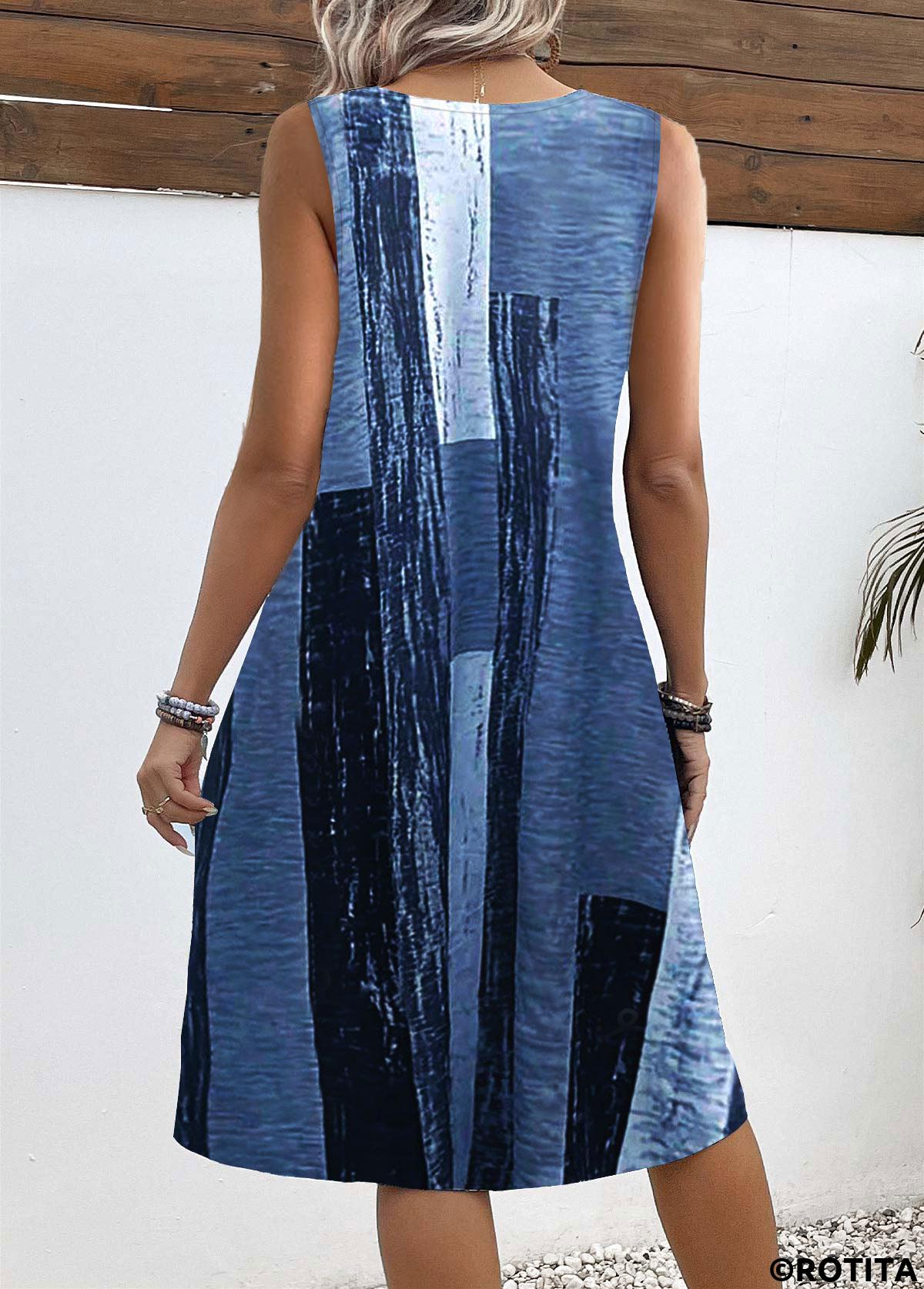 Denim Blue dresses,Graphic dresses,Geometric dresses,Everyday dresses,Casual dresses,ROTITA Circular Ring Graffiti Print Denim Blue A Line Dress