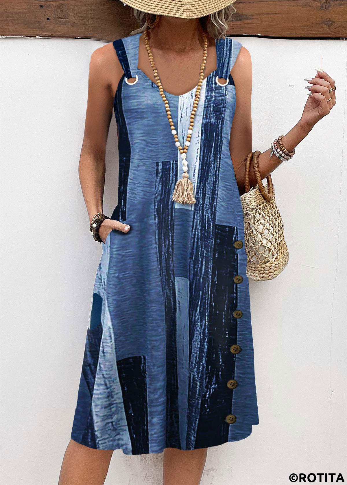 Denim Blue dresses,Graphic dresses,Geometric dresses,Everyday dresses,Casual dresses,ROTITA Circular Ring Graffiti Print Denim Blue A Line Dress