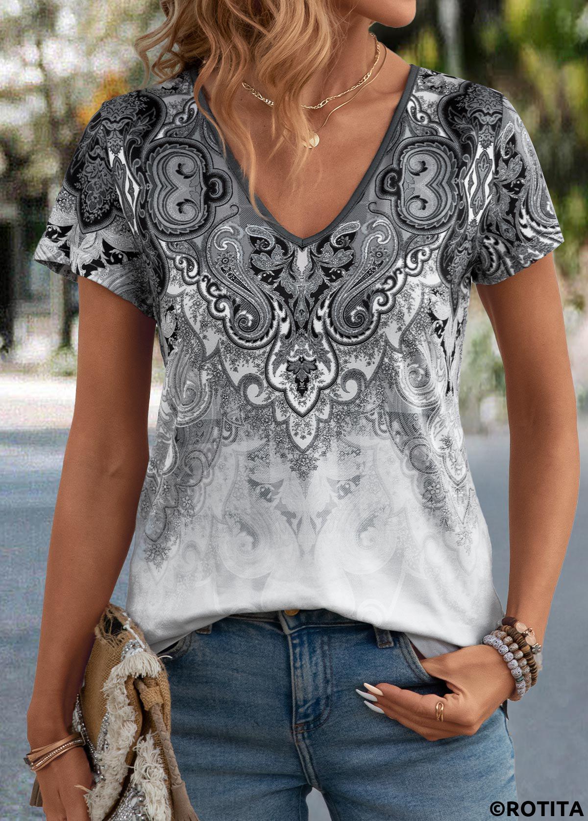 Tribal Print Grey V Neck Short Sleeve T Shirt
