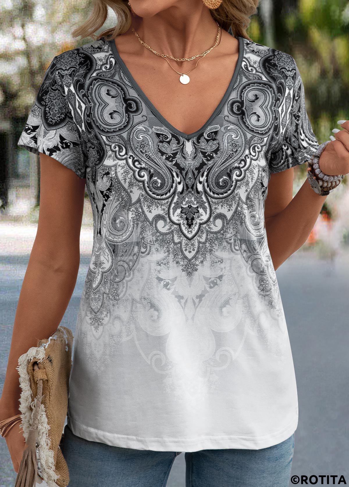 Tribal Print Grey V Neck Short Sleeve T Shirt
