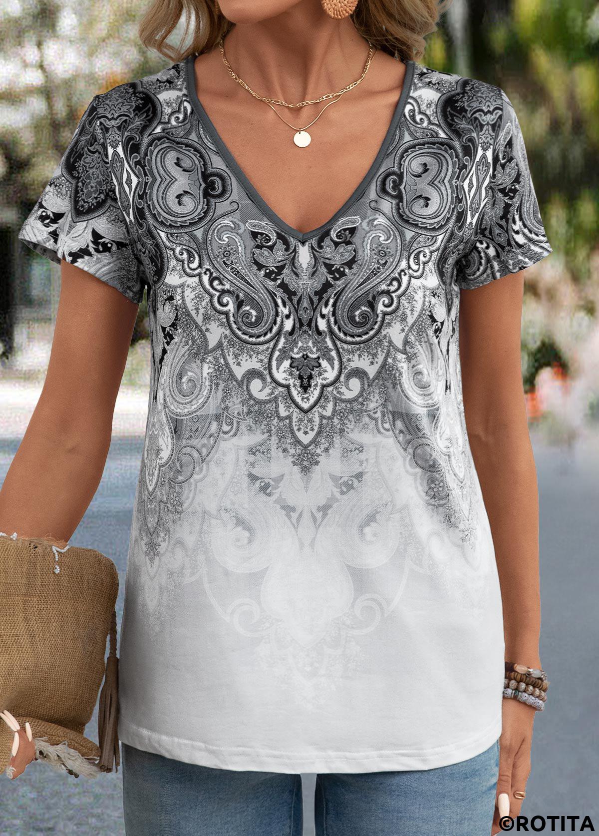 Tribal Print Grey V Neck Short Sleeve T Shirt