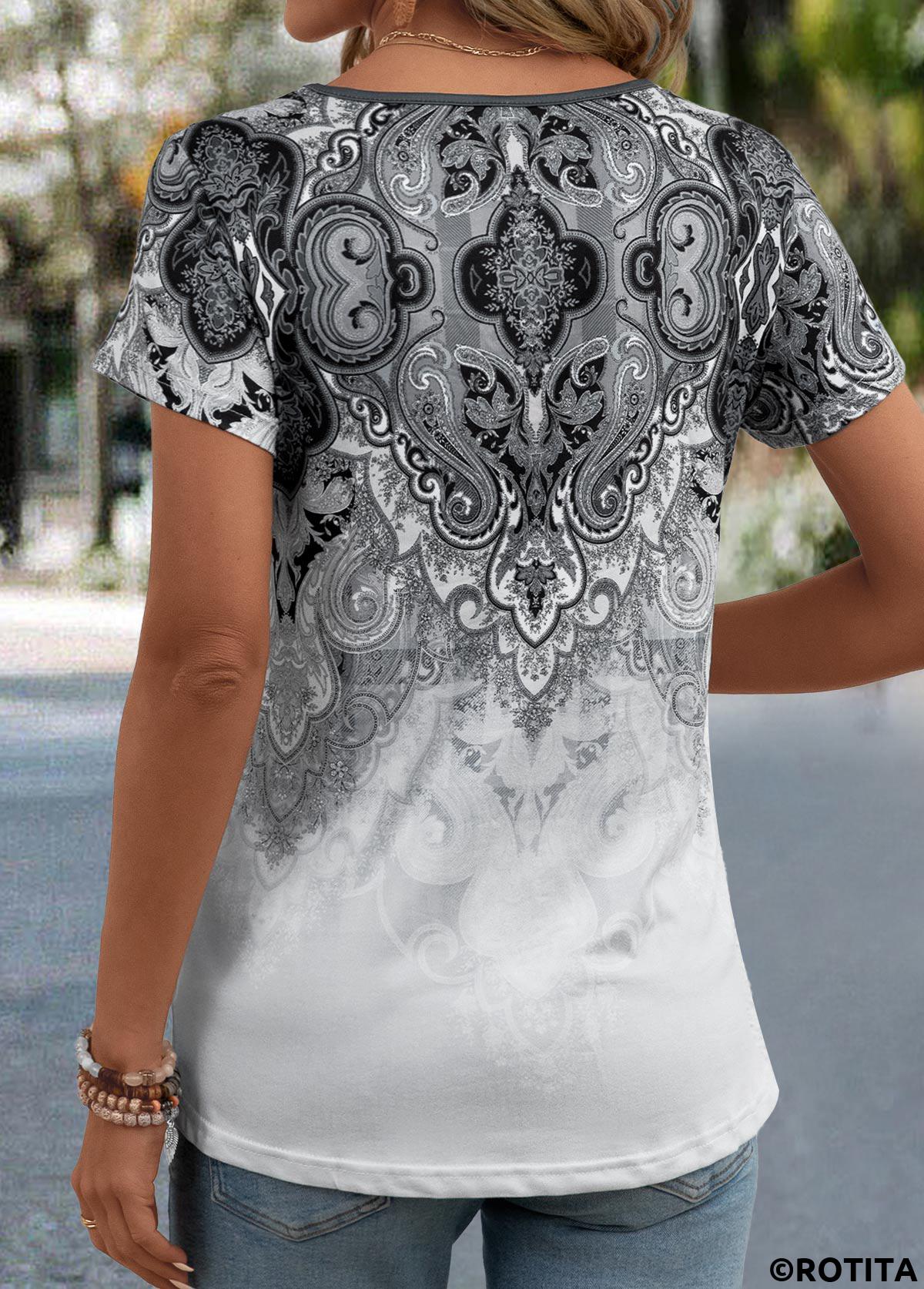 Tribal Print Grey V Neck Short Sleeve T Shirt