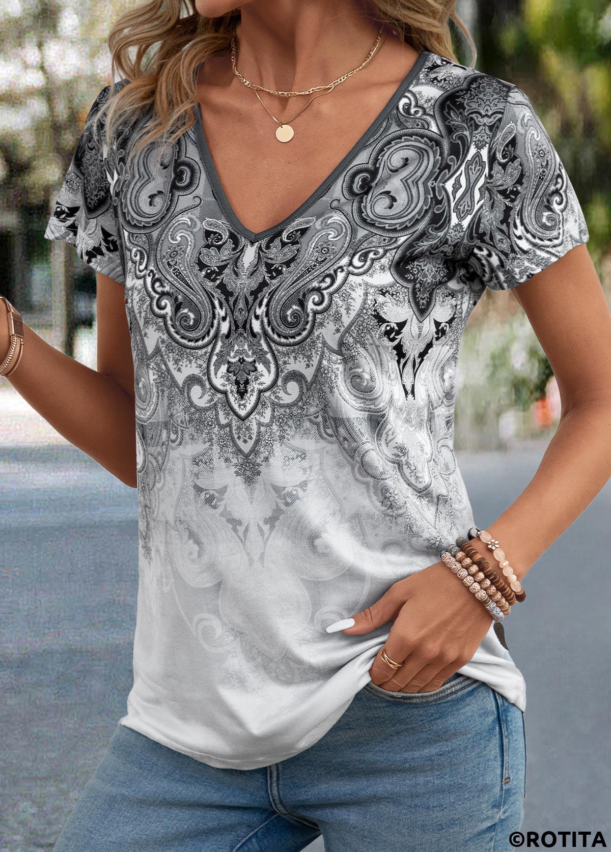 Tribal Print Grey V Neck Short Sleeve T Shirt