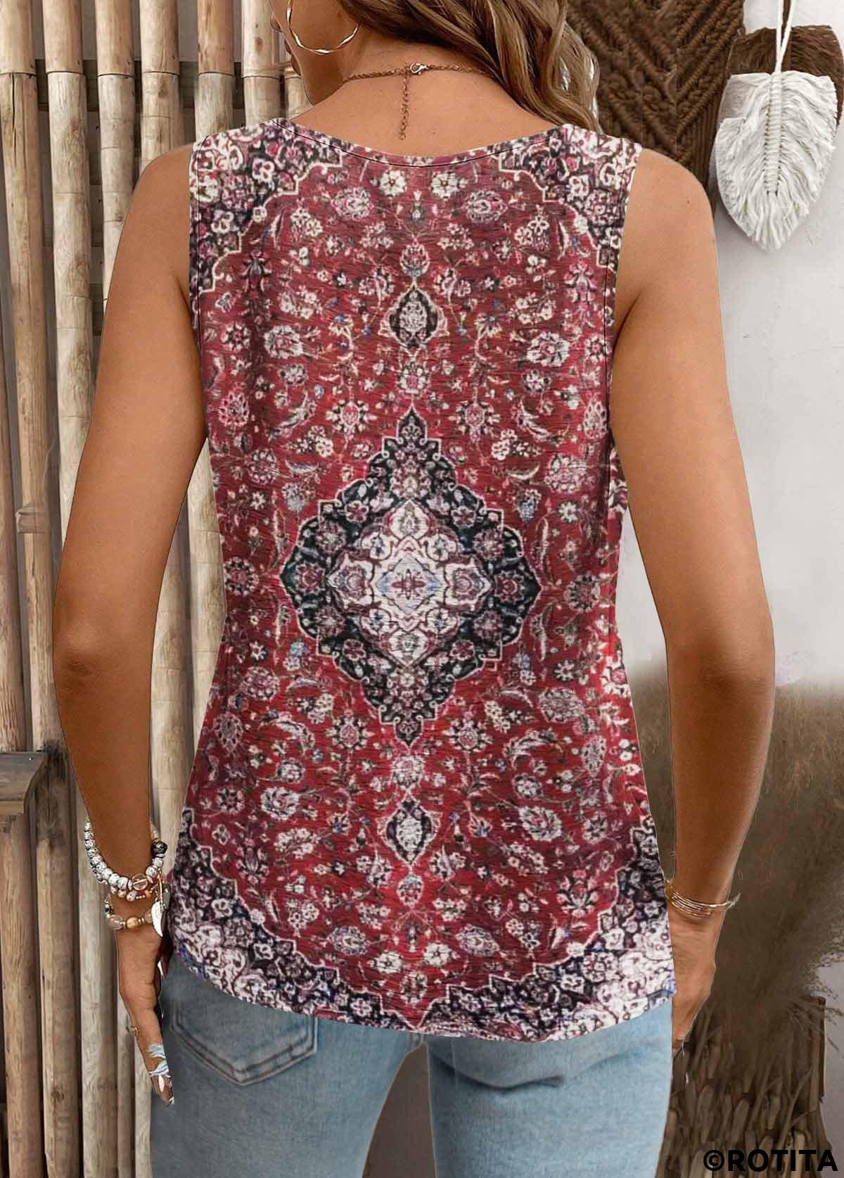 Red tops,Tribal tops,Floral tops,Plants tops,ROTITA Patchwork Tribal Print Red V Neck Sleeveless Tank Top