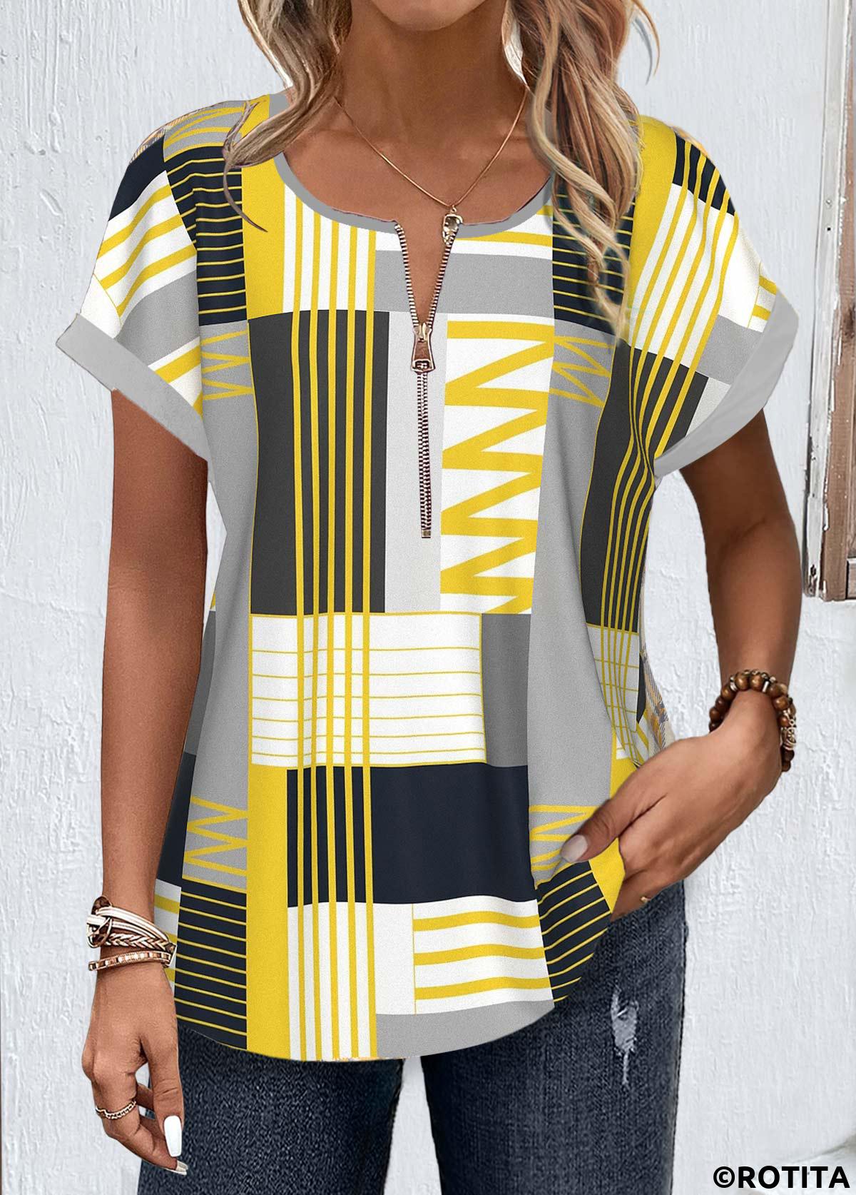 Multi Color tops,Geometric tops,Striped tops,ROTITA Zipper Geometric Print Multi Color Round Neck Blouse