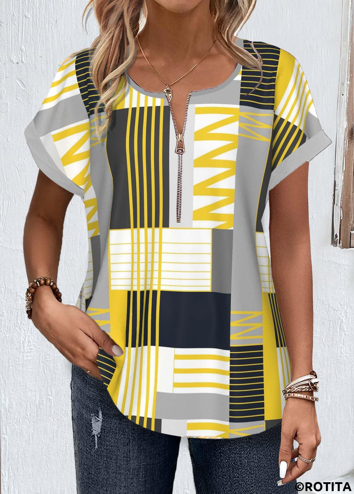 Multi Color tops,Geometric tops,Striped tops,ROTITA Zipper Geometric Print Multi Color Round Neck Blouse