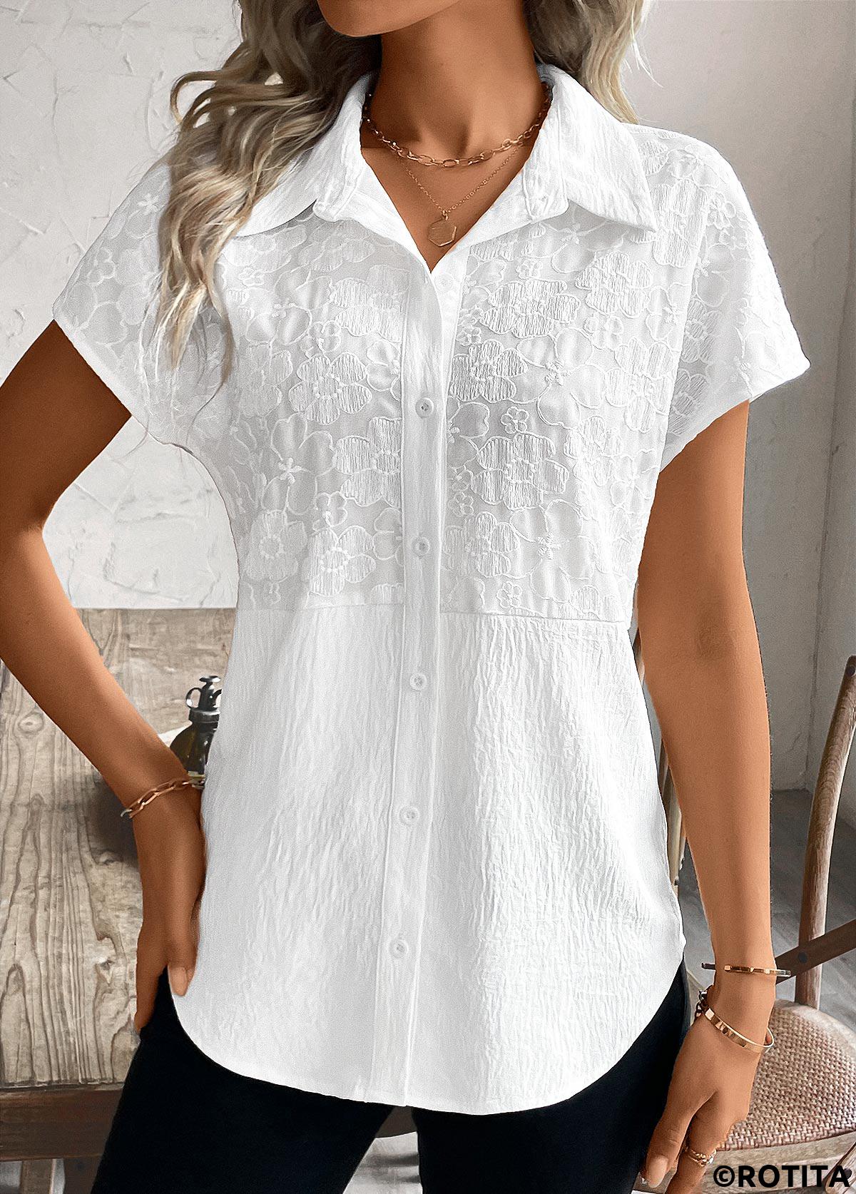 White tops,Plain Color tops,ROTITA Patchwork White Shirt Collar Short Sleeve Blouse