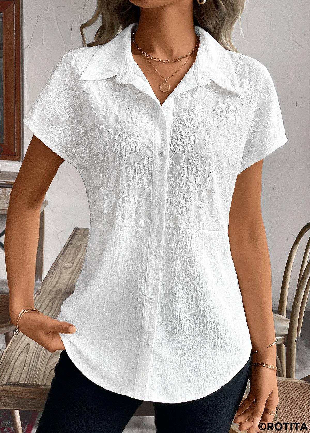 White tops,Plain Color tops,ROTITA Patchwork White Shirt Collar Short Sleeve Blouse
