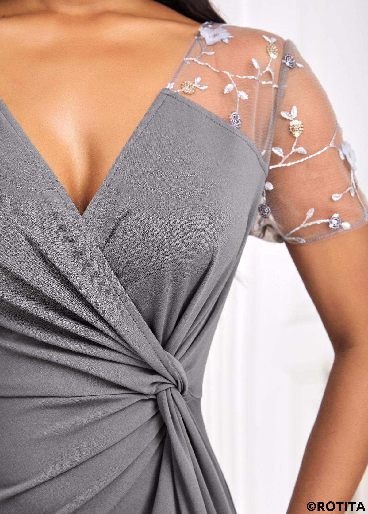 Grey dresses,Plain Color dresses,Party dresses,Elegant dresses,ROTITA Lace Grey V Neck Short Sleeve Bodycon Maxi Dress