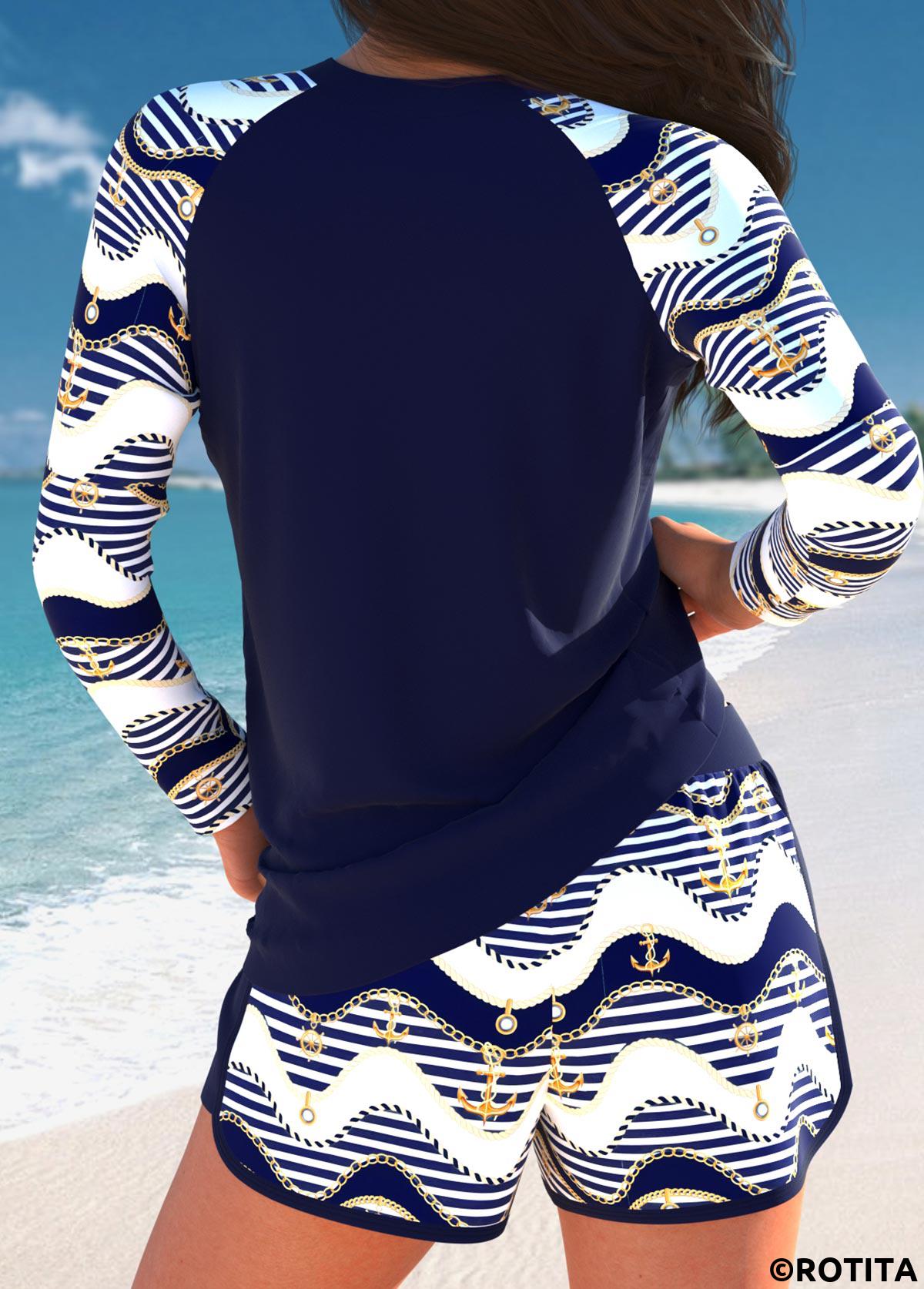 Navy swimwear,Striped swimwear,Geometric swimwear,ROTITA Patchwork Navy Drawstring Striped Tankini Set