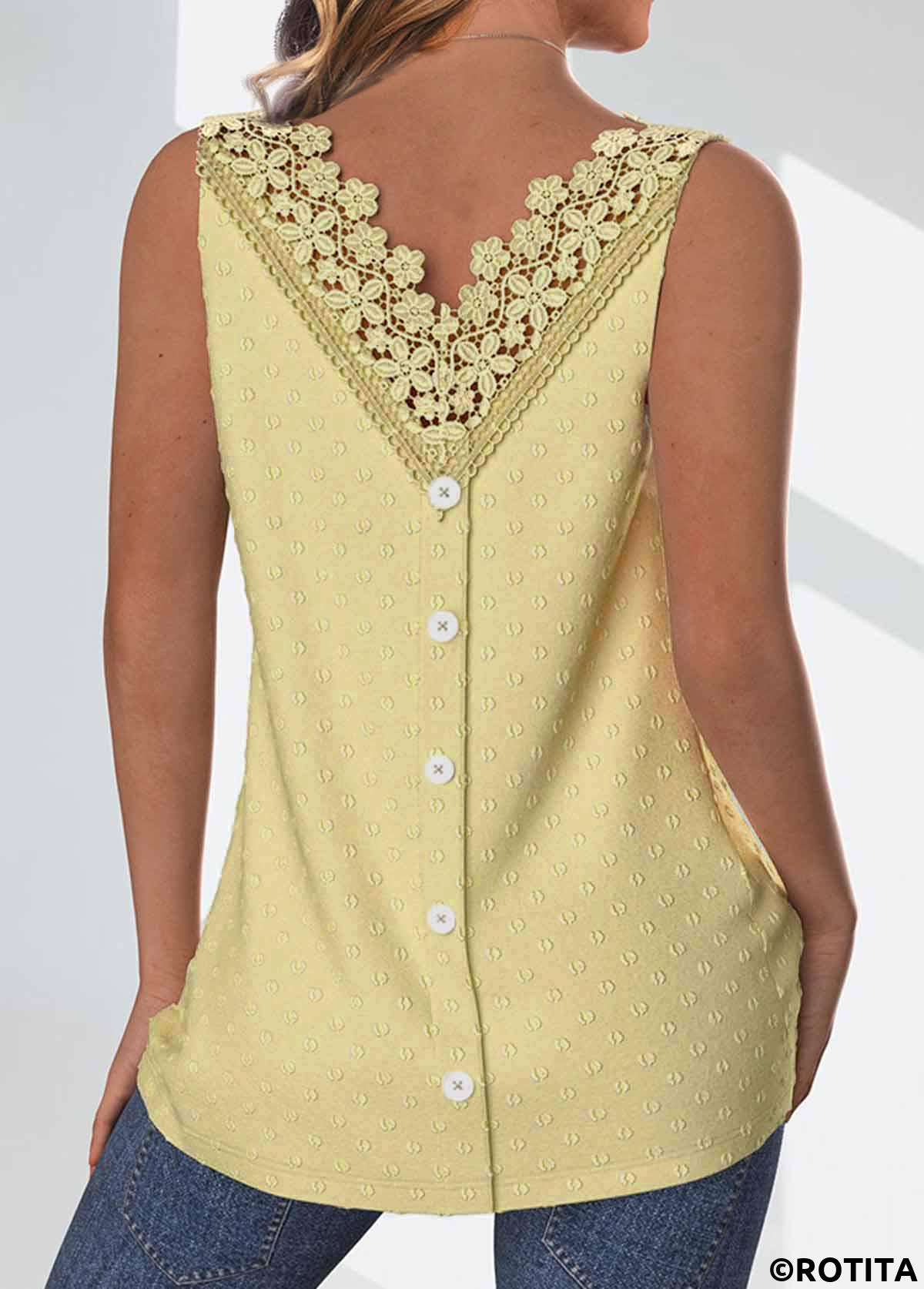 ROTITA Button Light Yellow Round Neck Sleeveless Tank Top