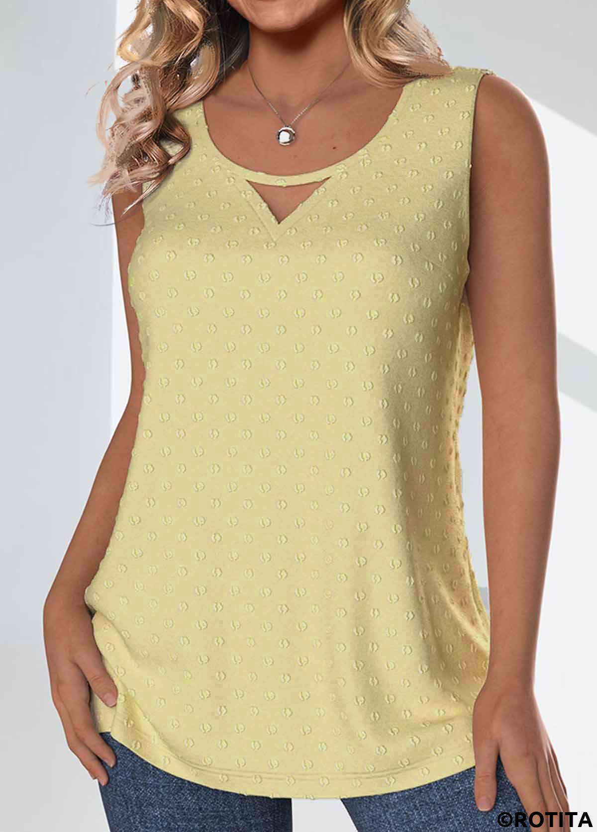 ROTITA Button Light Yellow Round Neck Sleeveless Tank Top