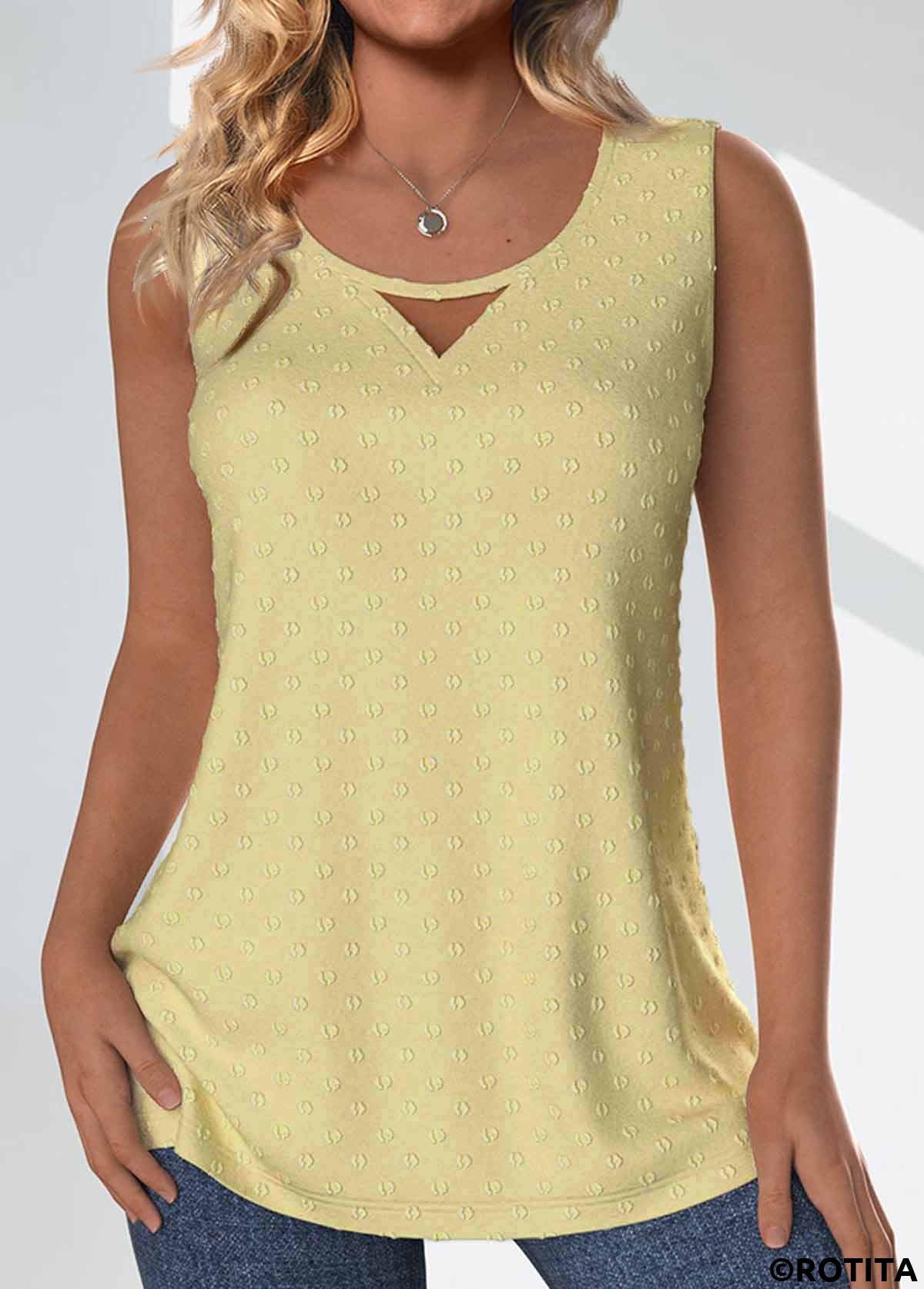ROTITA Button Light Yellow Round Neck Sleeveless Tank Top